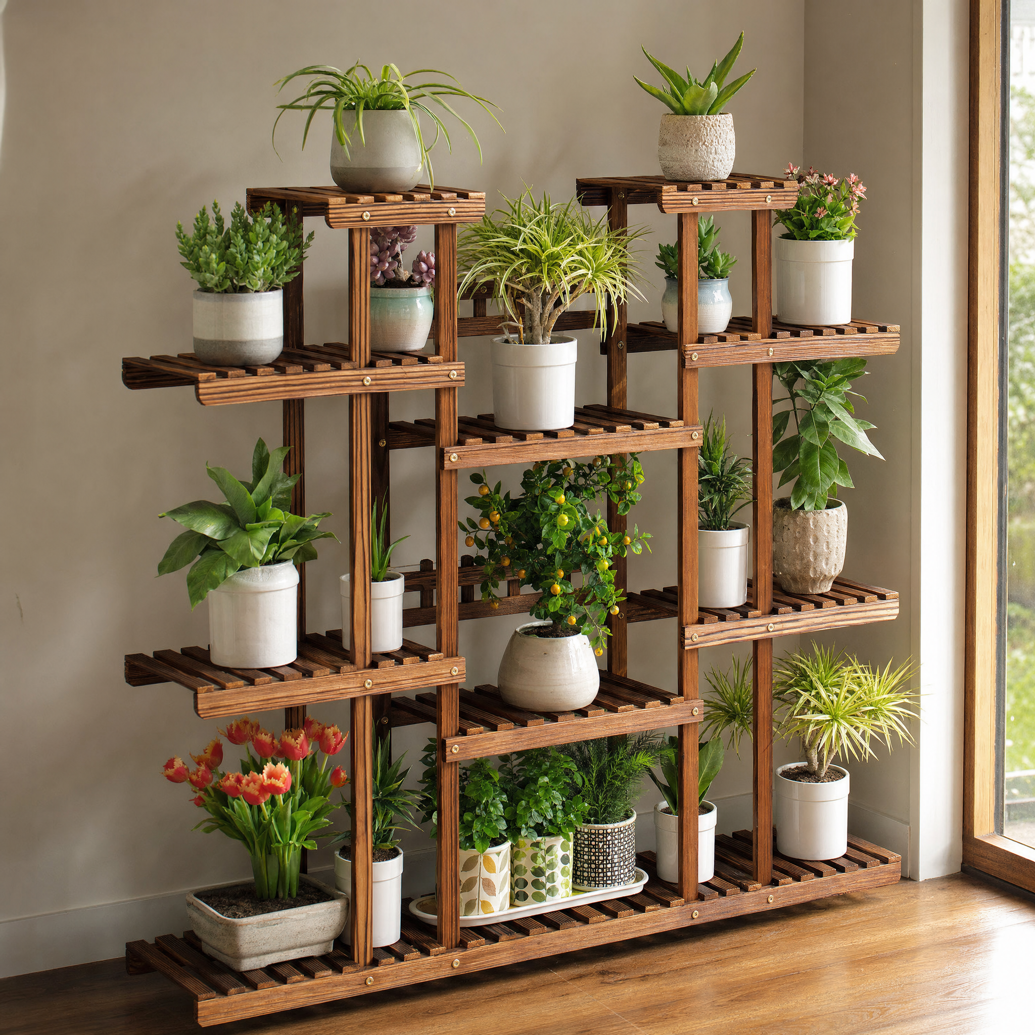 Carbonized Wood Plant Stand with Multi-Tier Slatted Shelves for Living Room — Holds 9+ Pots