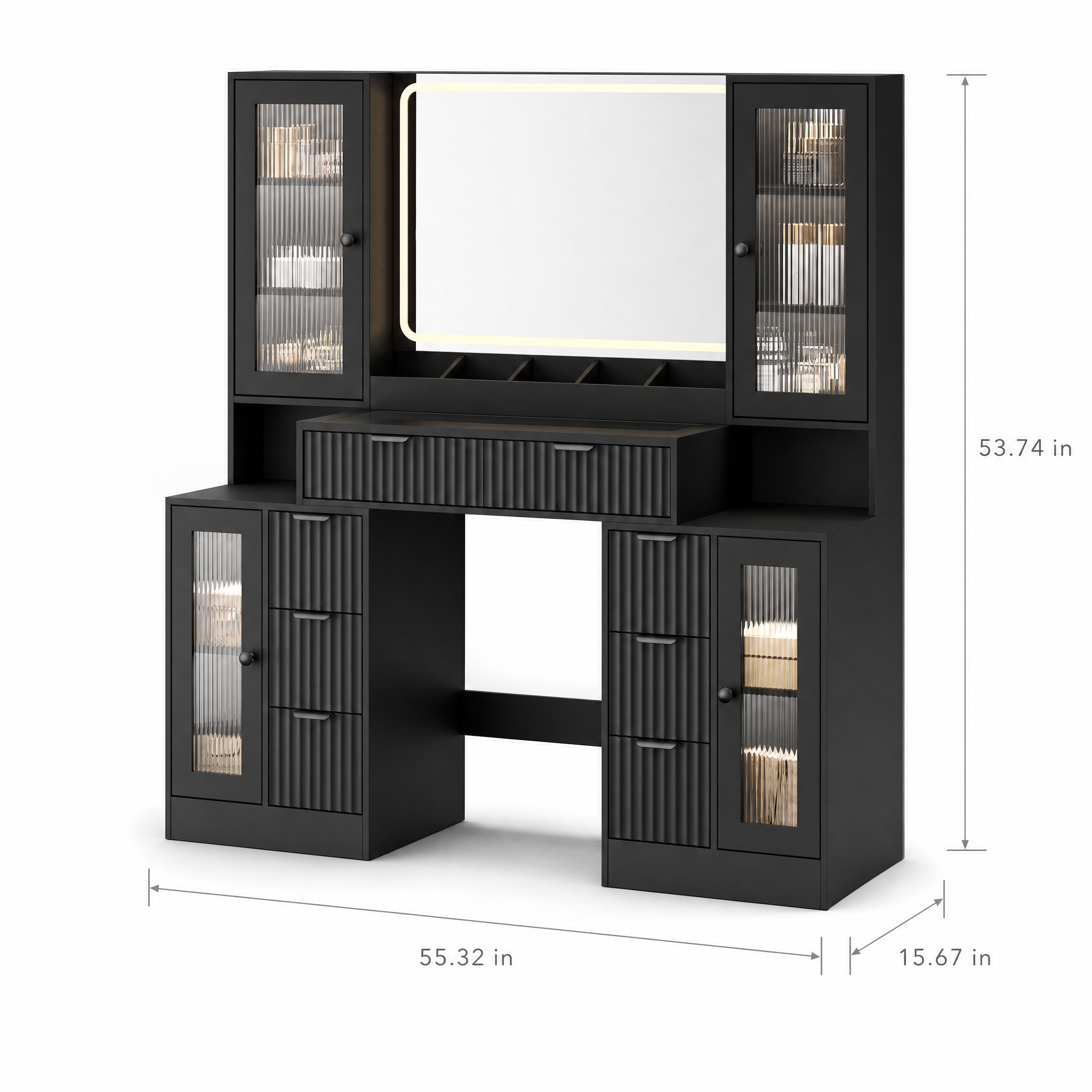 LED Makeup Vanity Desk with Mirror & Charging Station — 8 Drawers, Glass Cabinets, Matte Black