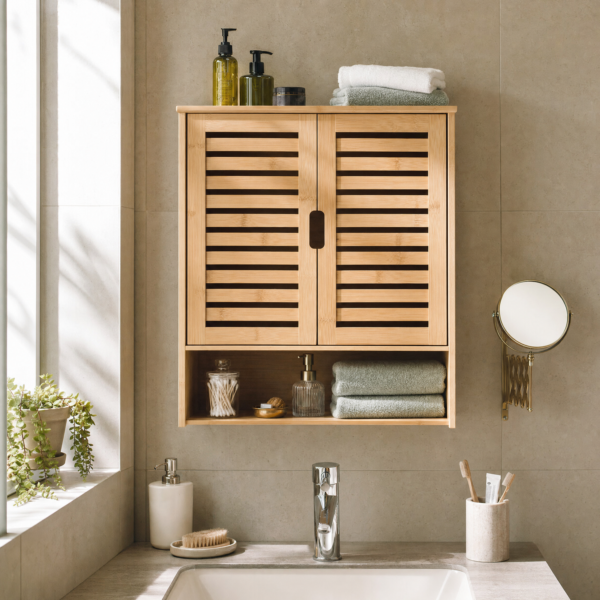 Bamboo Medicine Cabinet with Louvered Doors for Bathroom — 23.6"W Wall-Mounted Storage
