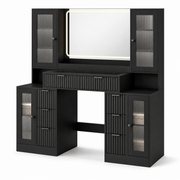 LED Makeup Vanity Desk with Mirror & Charging Station — 8 Drawers, Glass Cabinets, Matte Black