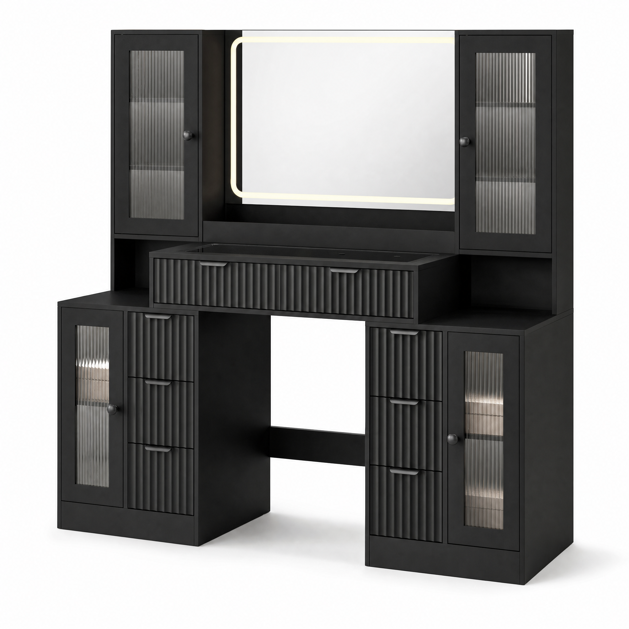 LED Makeup Vanity Desk with Mirror & Charging Station — 8 Drawers, Glass Cabinets, Matte Black