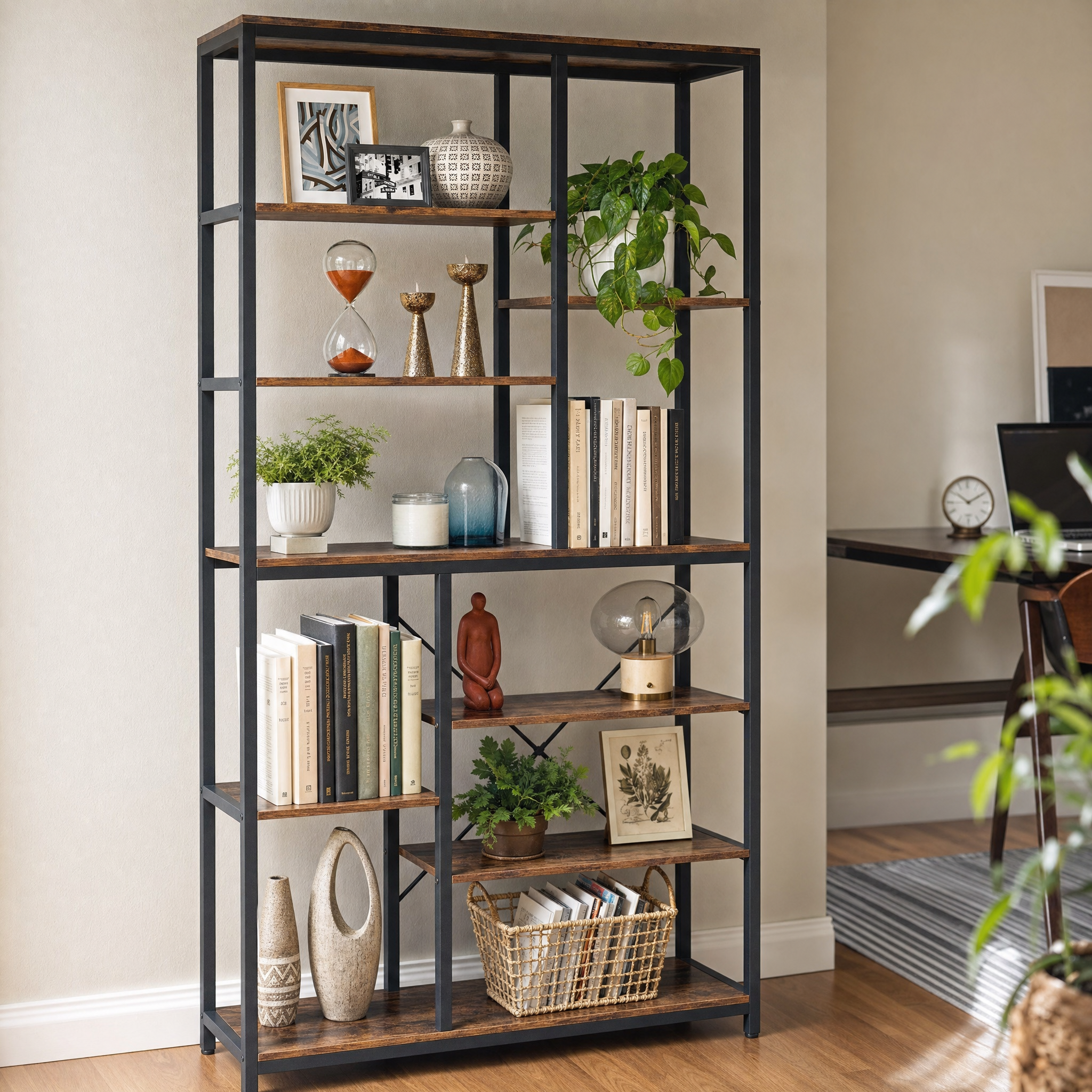 Industrial Bookcase with Open Shelves for Living Room — 79in 9-Tier Etagere