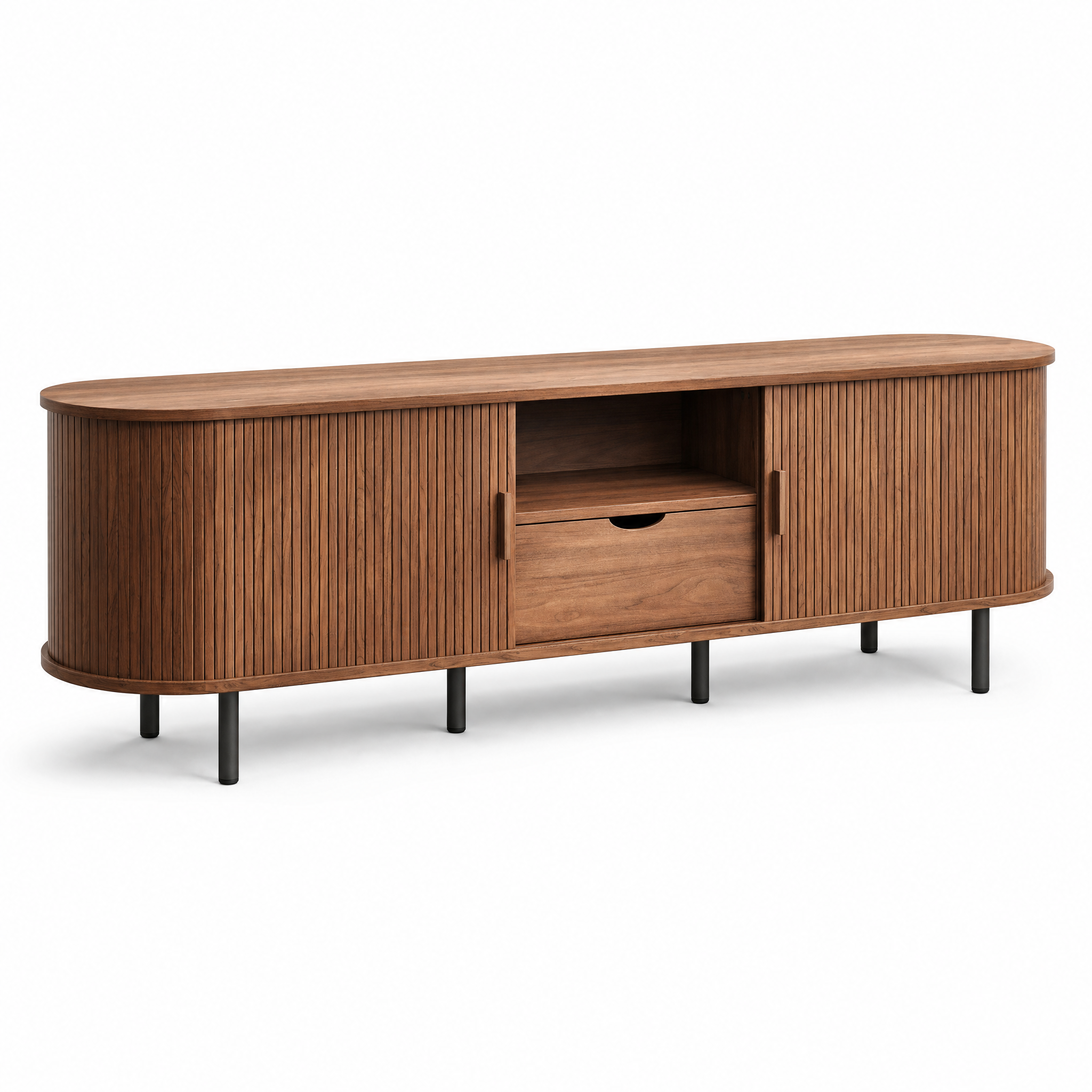 Mid-Century TV Stand for 80" TV — Fluted Walnut Media Console with Storage & Sliding Doors