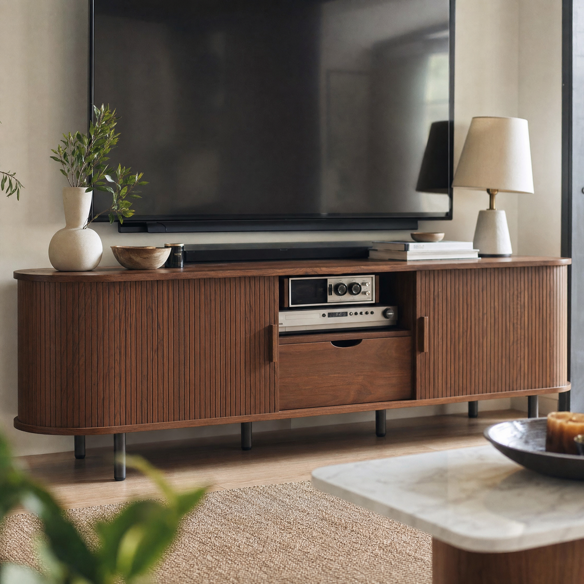 Mid-Century TV Stand for 80" TV — Fluted Walnut Media Console with Storage & Sliding Doors