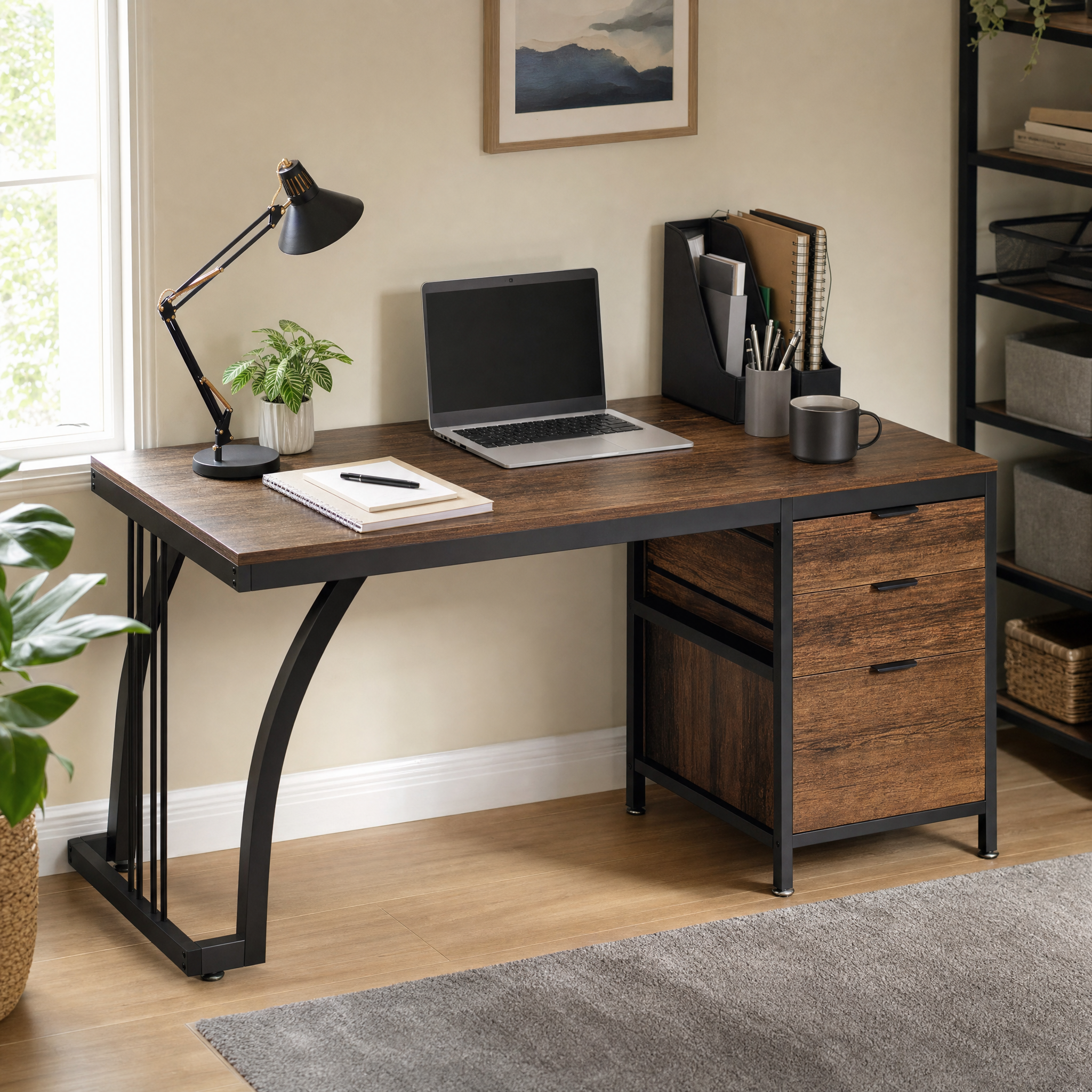 Industrial Computer Desk with 3 Drawers for Home Office — 59in Writing Table