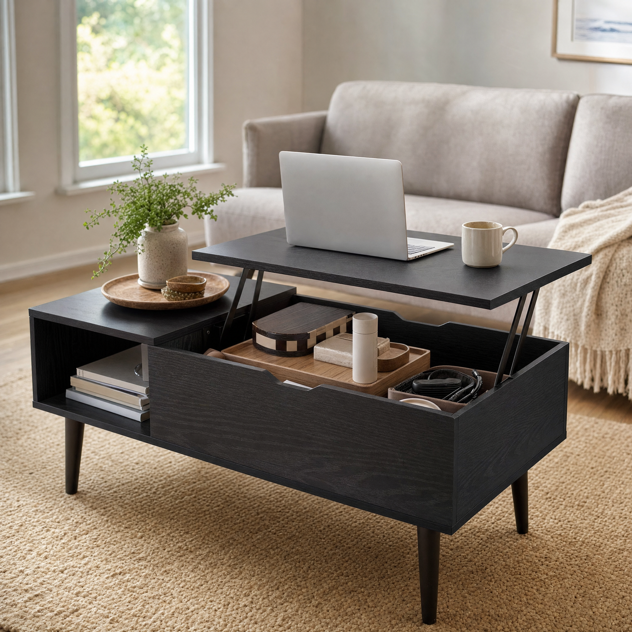Mid-Century Lift-Top Coffee Table with Hidden Storage for Living Room — 39"W