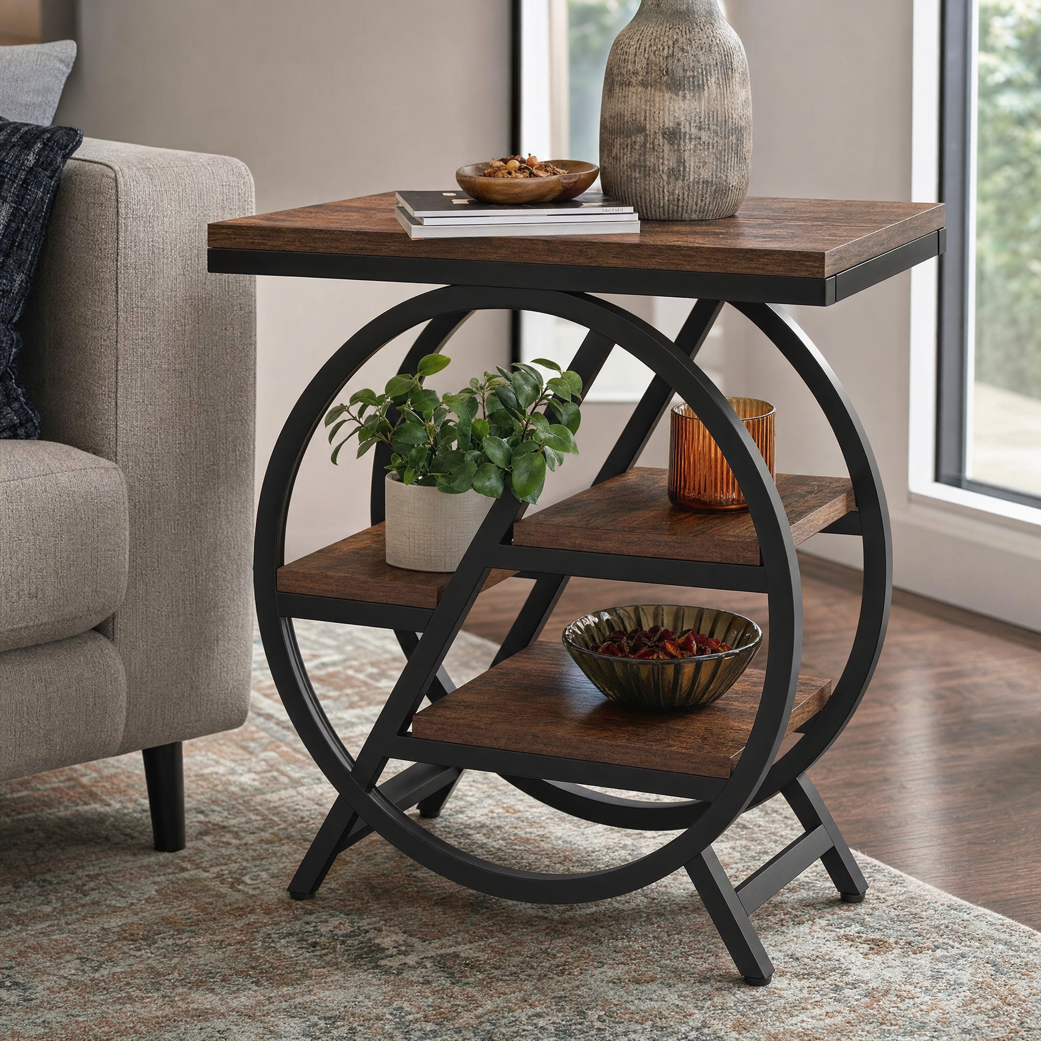Rustic Wood 3-Tier Side Table with Round Metal Frame for Living Room — Narrow