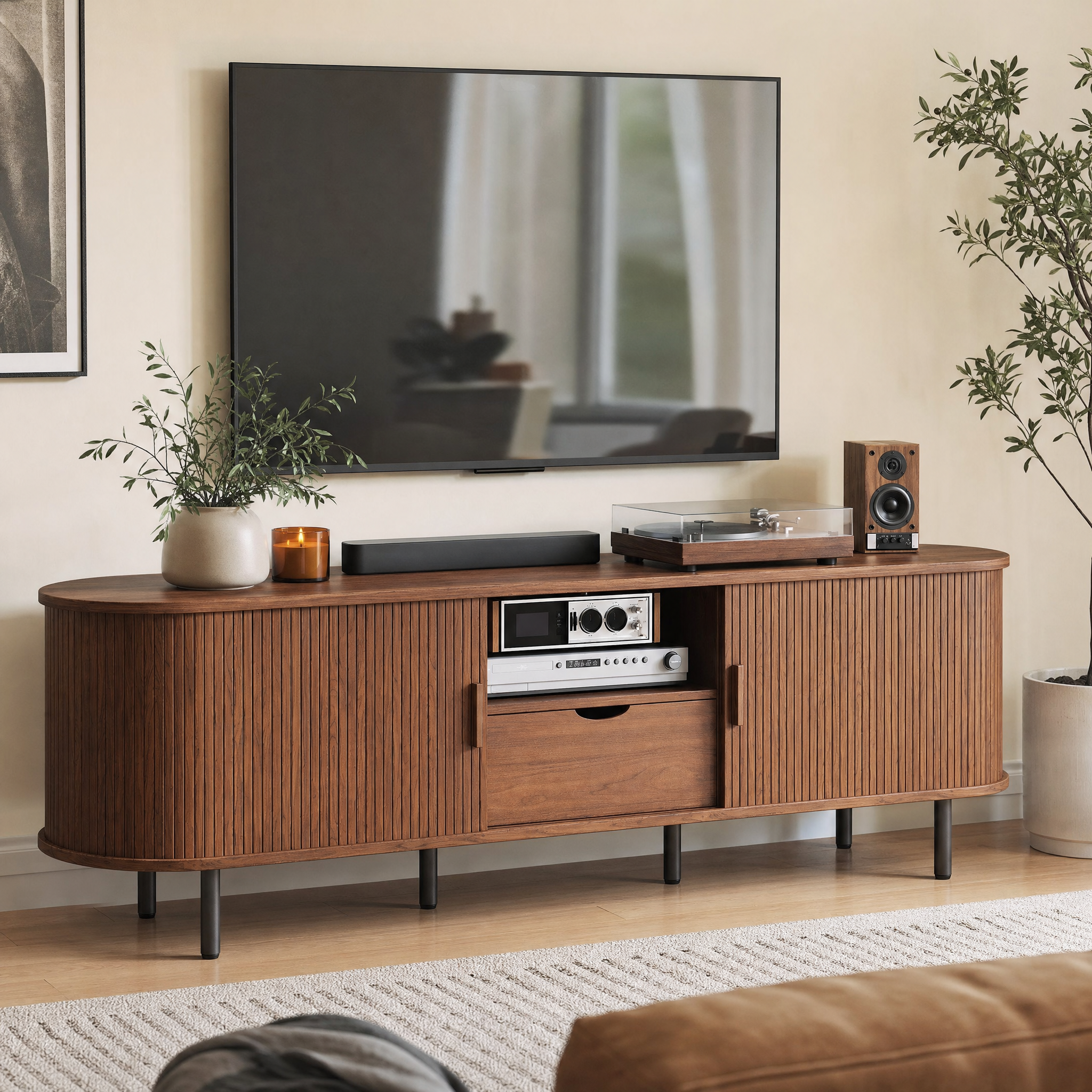Mid-Century TV Stand for 80" TV — Fluted Walnut Media Console with Storage & Sliding Doors