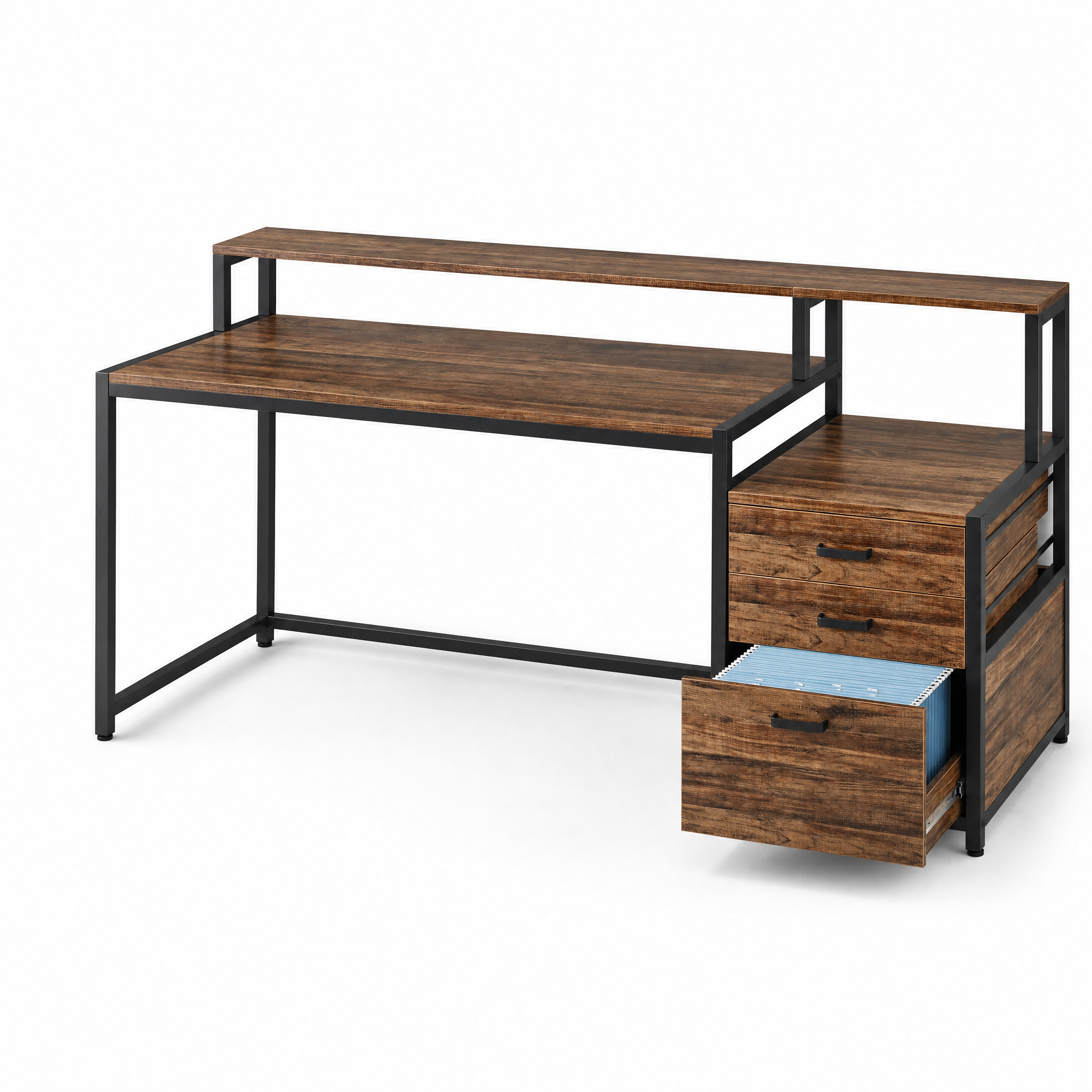 Industrial Computer Desk with File Drawer Cabinet and Monitor Stand for Home Office — 63"
