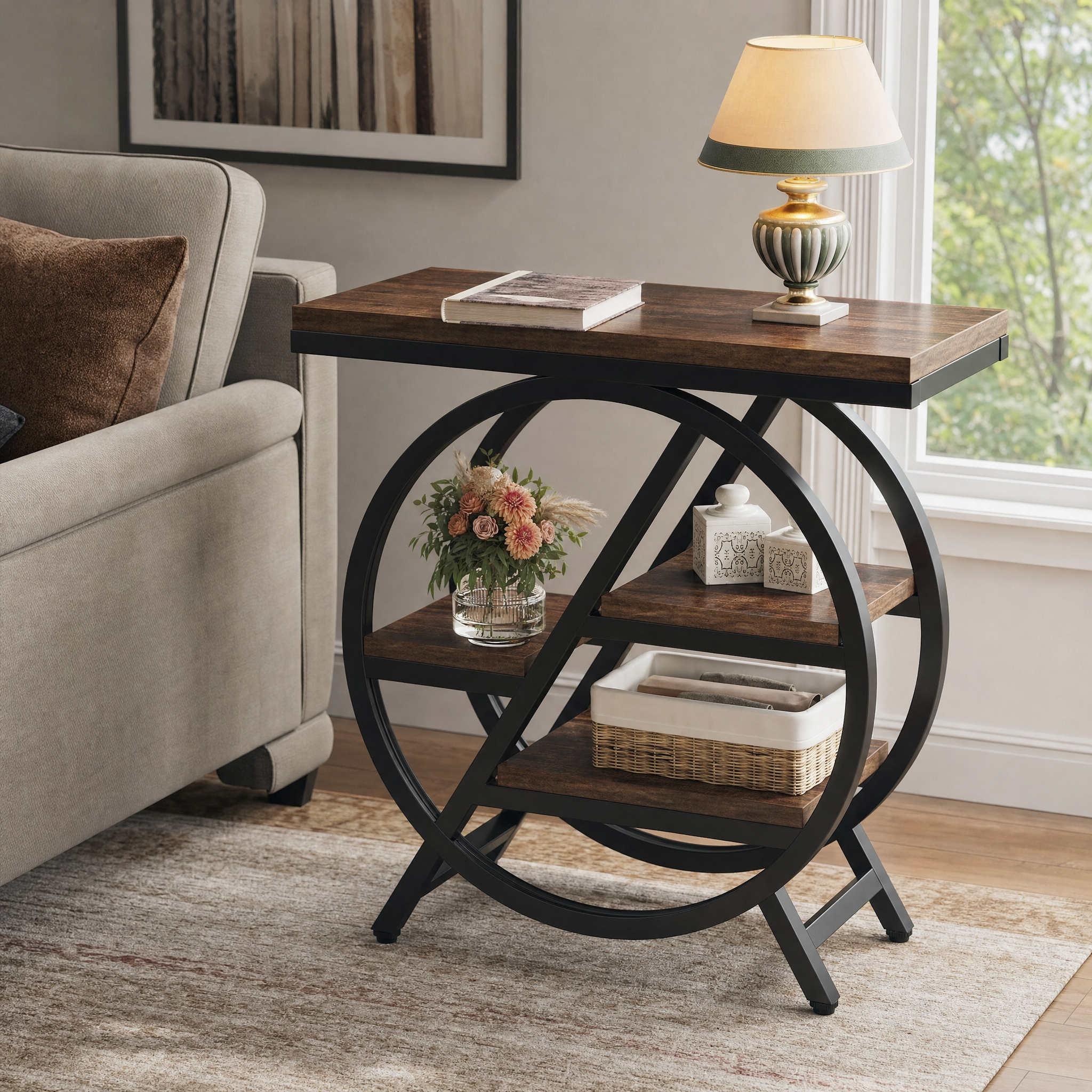 Rustic Wood 3-Tier Side Table with Round Metal Frame for Living Room — Narrow