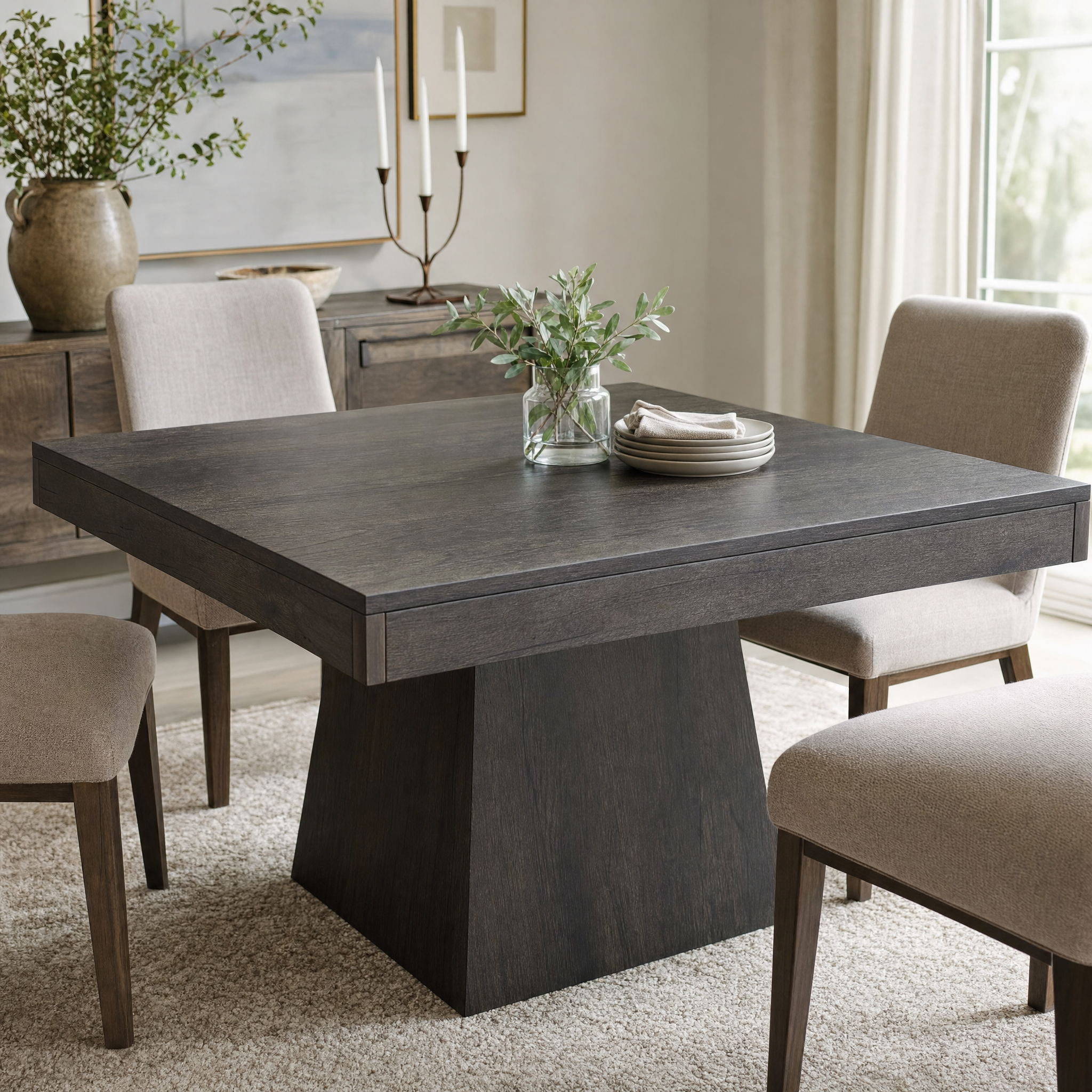 Farmhouse Square Dining Table with Pedestal Base for 4 — 31.5" Charcoal Wood