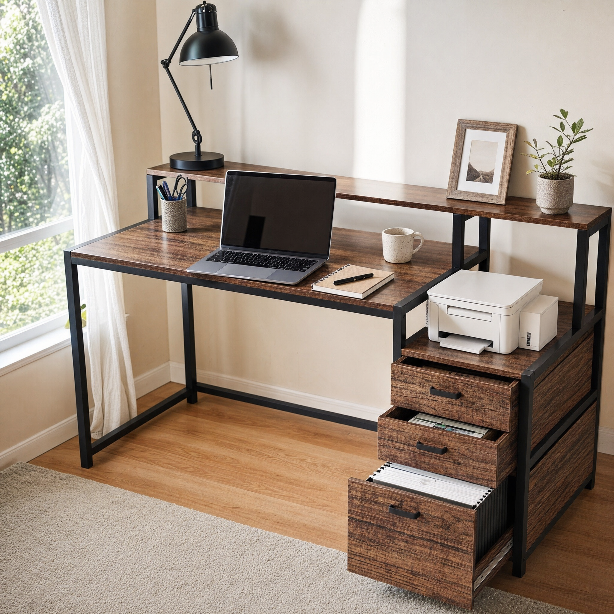 Industrial Computer Desk with File Drawer Cabinet and Monitor Stand for Home Office — 63"