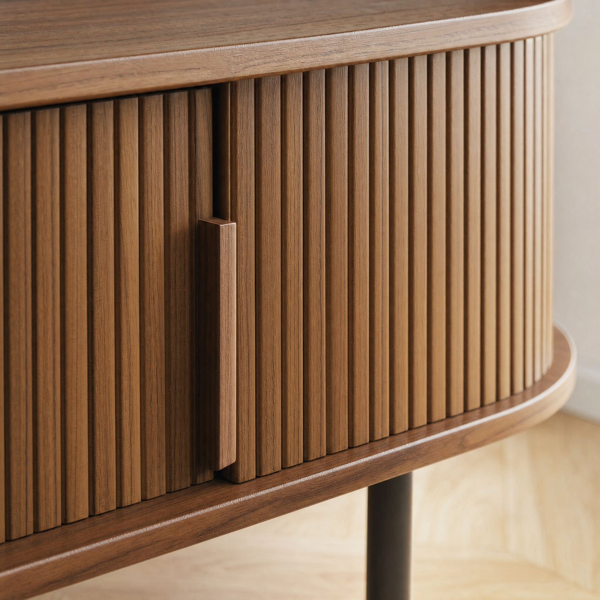 Mid-Century TV Stand for 80" TV — Fluted Walnut Media Console with Storage & Sliding Doors