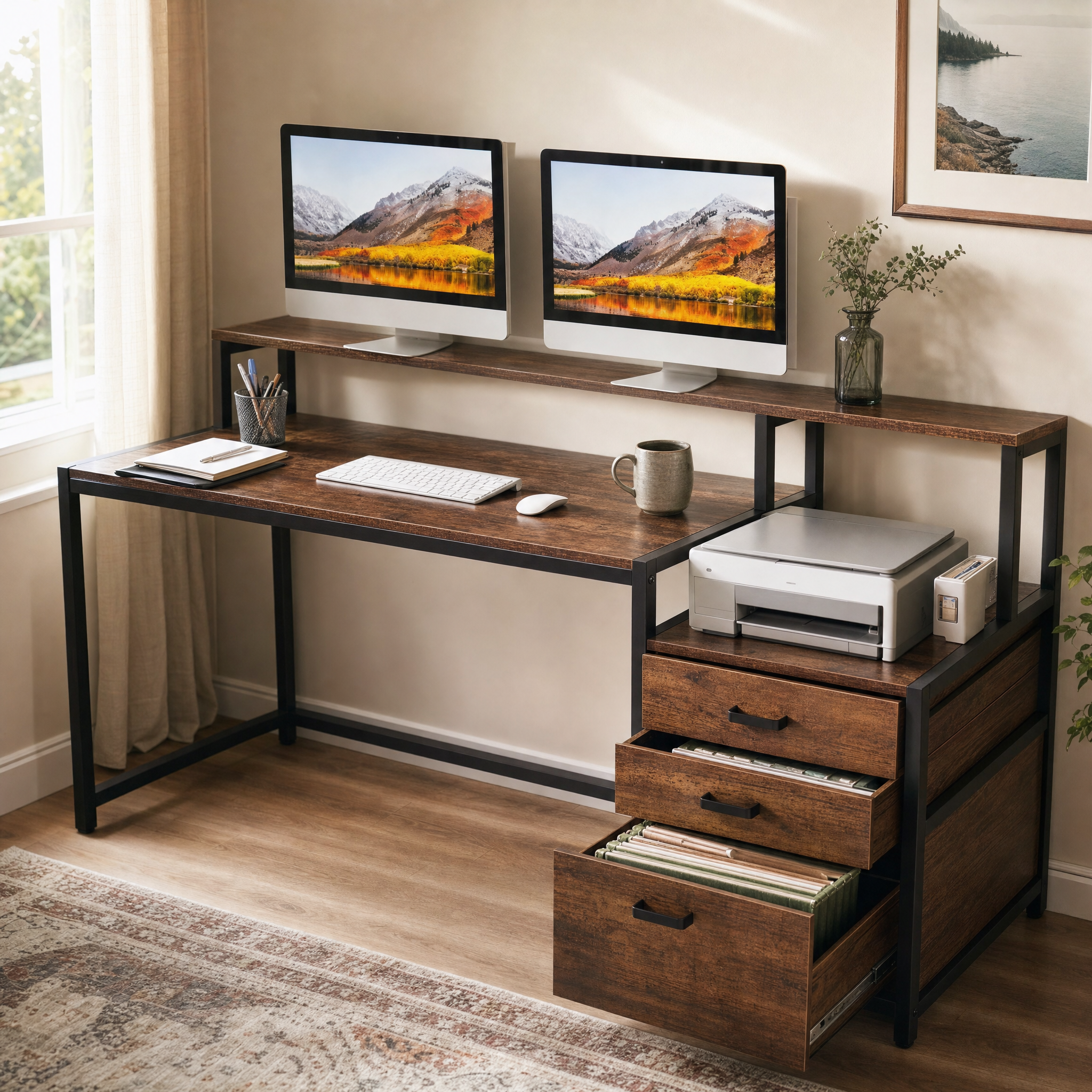 Industrial Computer Desk with File Drawer Cabinet and Monitor Stand for Home Office — 63"
