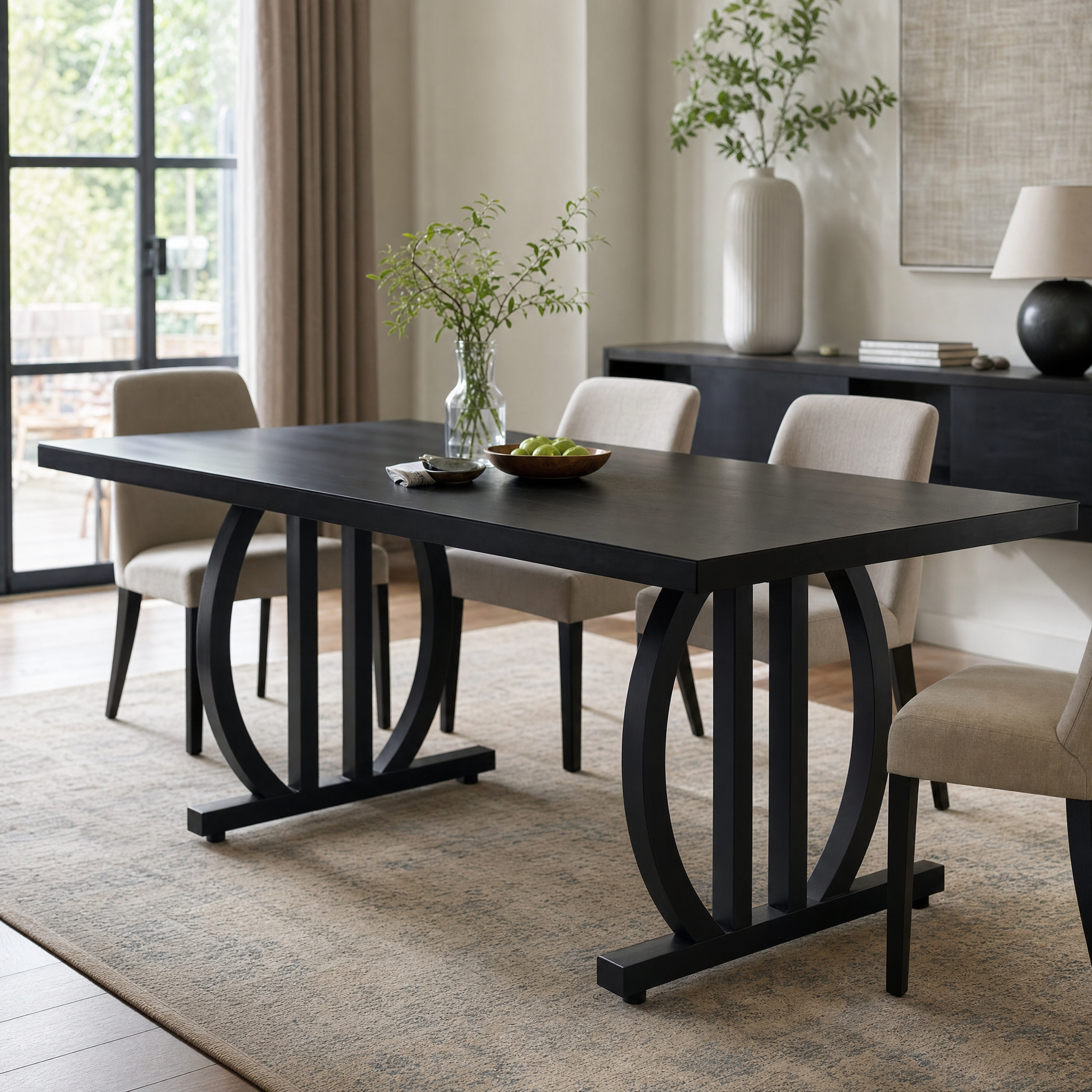 Modern Black 63" Dining Table with Curved Metal Pedestal Base for Kitchen — Seats 6