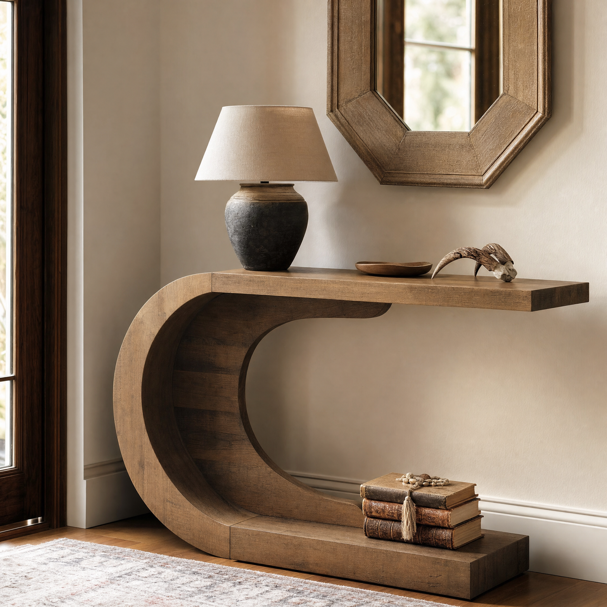 Curved Wood Console Table with Sculptural C-Base for Entryway — 43" Wide