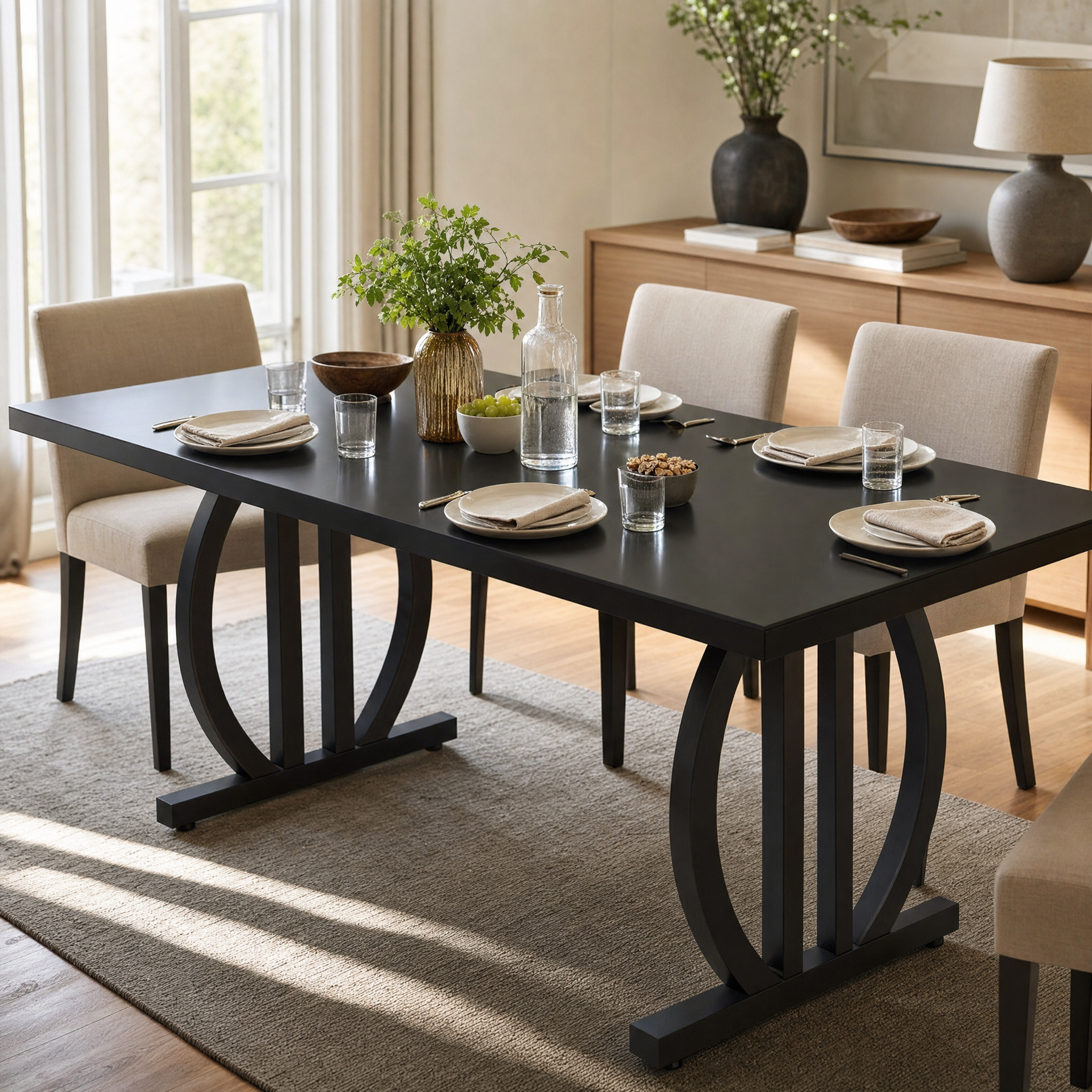 Modern Black 63" Dining Table with Curved Metal Pedestal Base for Kitchen — Seats 6