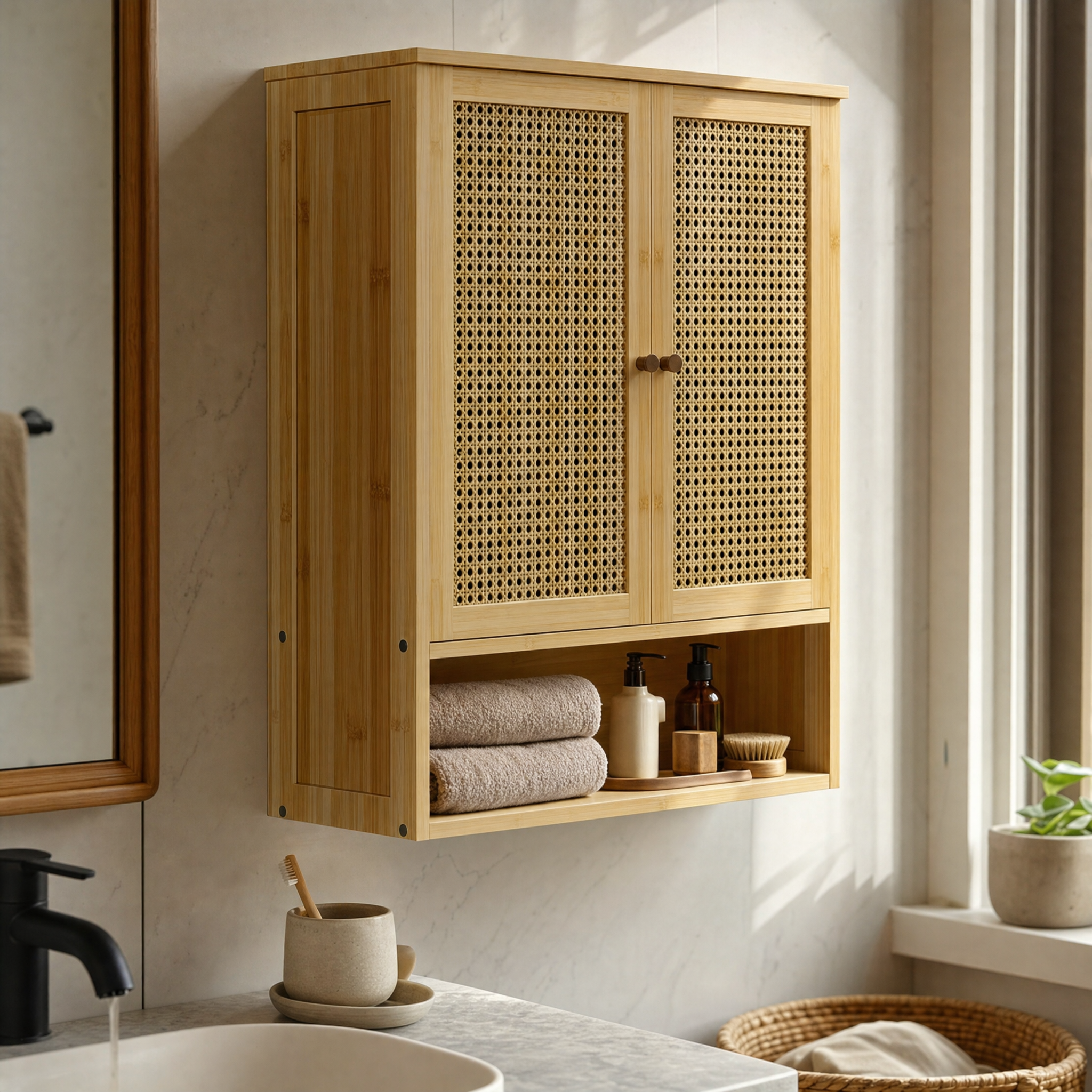 Natural Rattan Wall-Mounted Bathroom Cabinet with Cane Doors and Open Shelf for Bath — 23"H