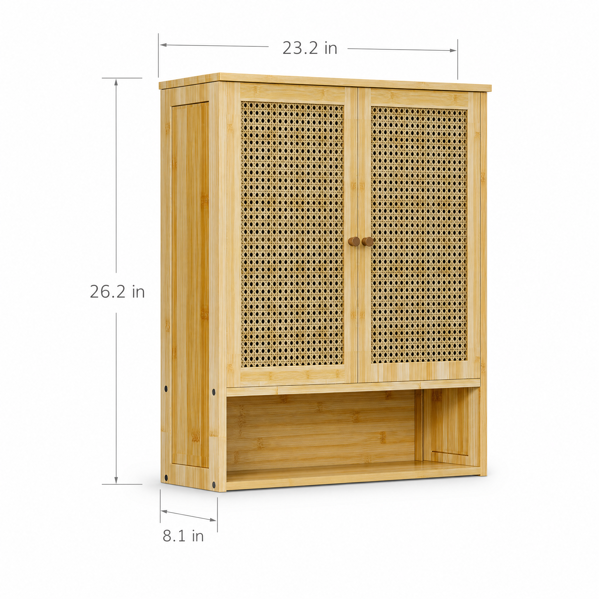Natural Rattan Wall-Mounted Bathroom Cabinet with Cane Doors and Open Shelf for Bath — 23"H