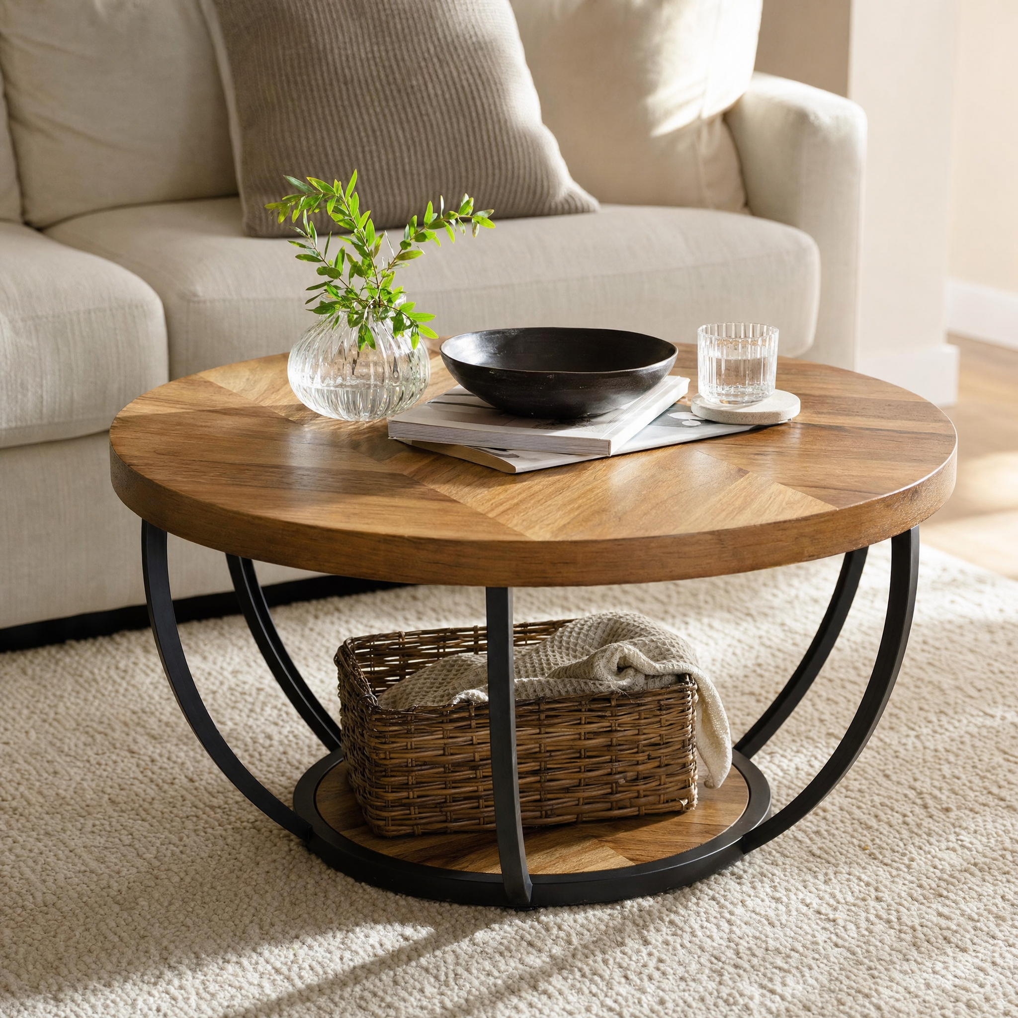 Round Industrial Coffee Table with Storage Shelf for Living Room — 31.7" Oak
