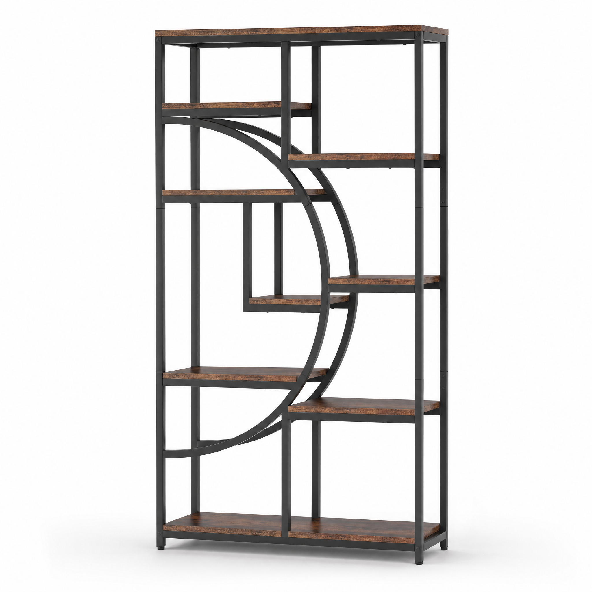 Industrial Etagere Bookcase with Curved Arc for Living Room — 71" Tall Freestanding