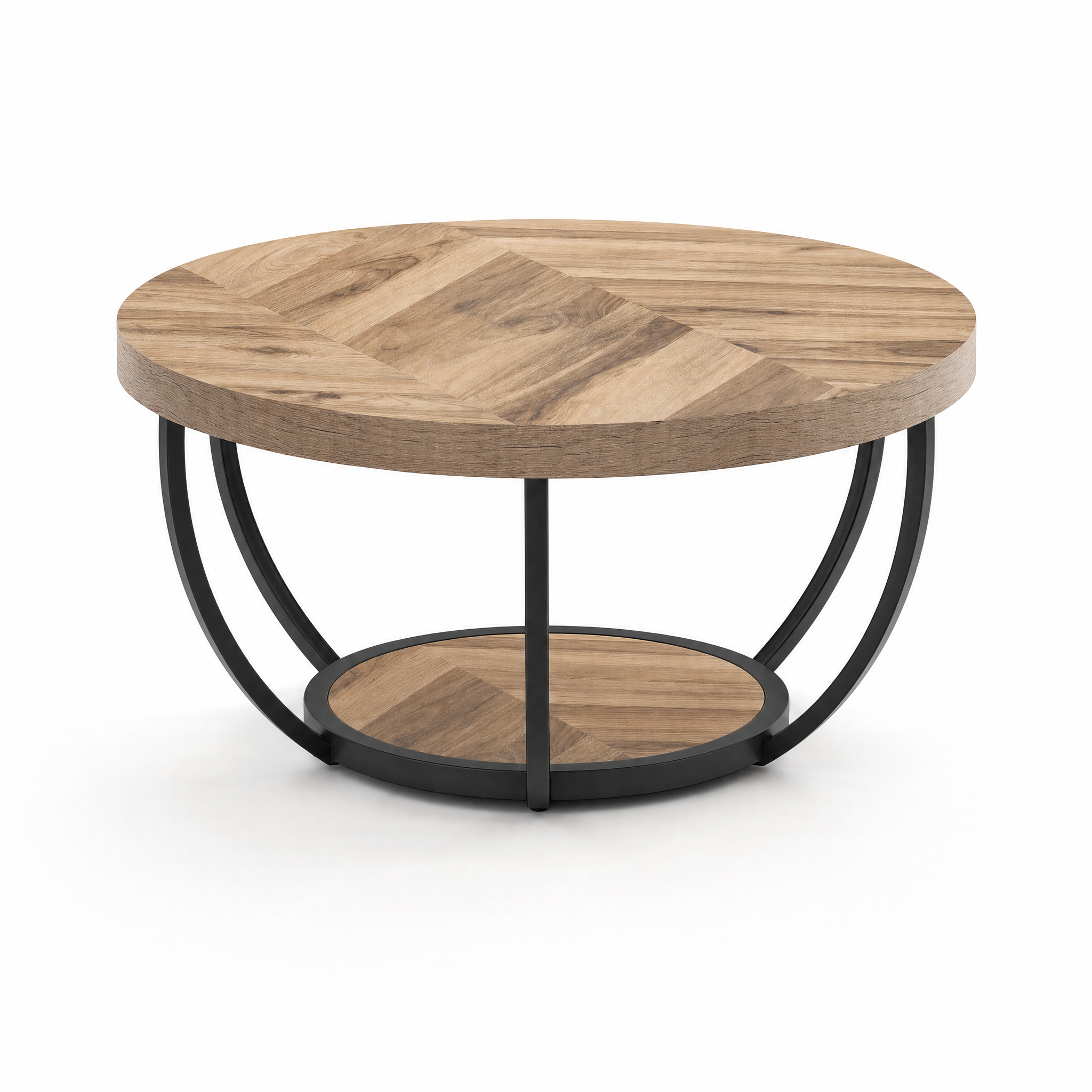 Round Industrial Coffee Table with Storage Shelf for Living Room — 31.7" Oak