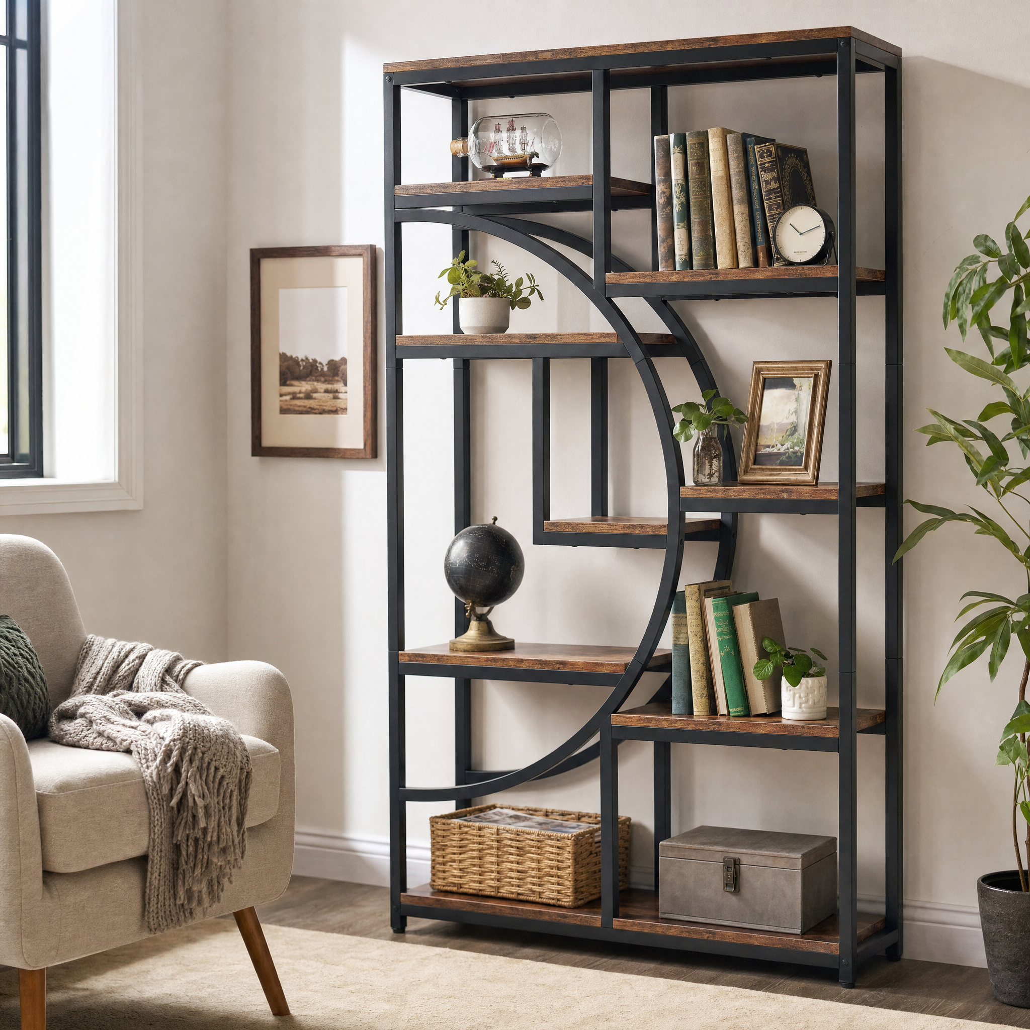 Industrial Etagere Bookcase with Curved Arc for Living Room — 71" Tall Freestanding