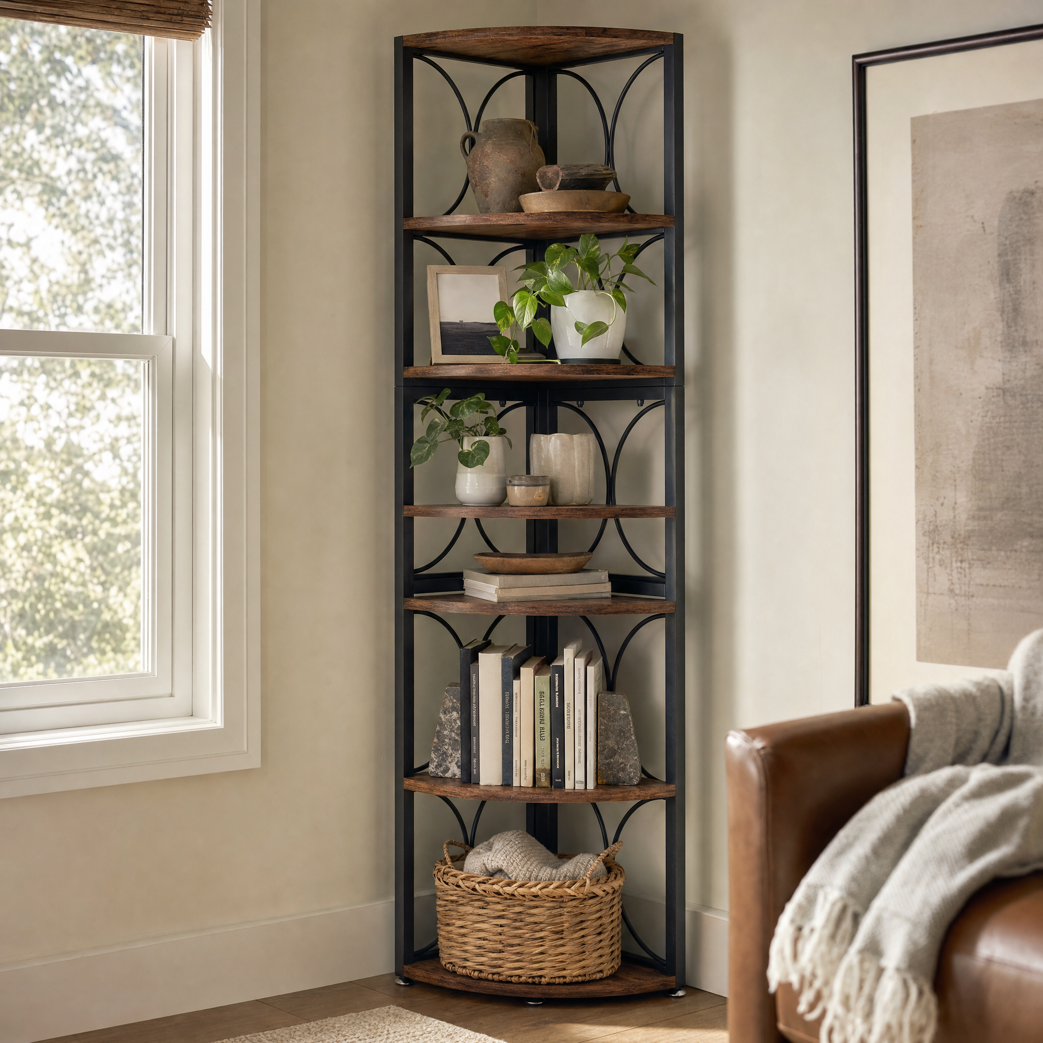 Rustic Corner Shelf with 6 Open Tiers for Living Room — 67in Tall