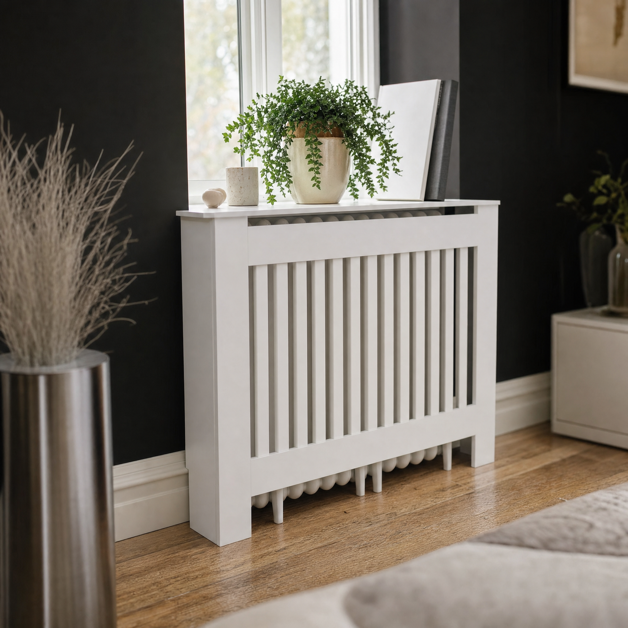 Slatted White Radiator Cover Cabinet with Display Shelf for Living Room — Medium 44"