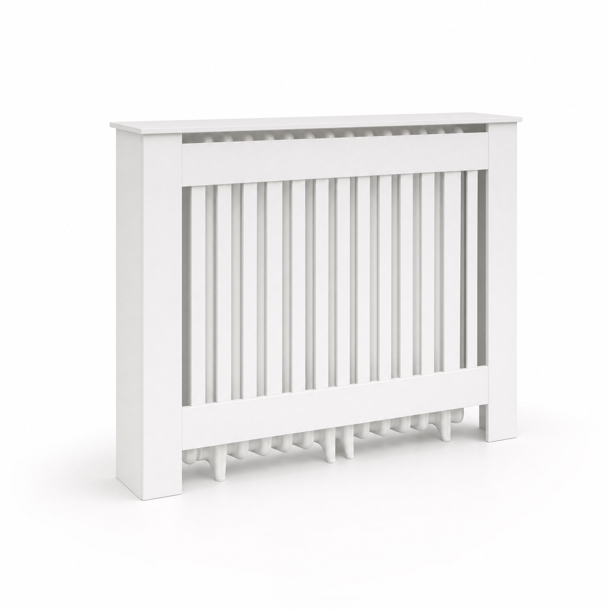 Slatted White Radiator Cover Cabinet with Display Shelf for Living Room — Medium 44"