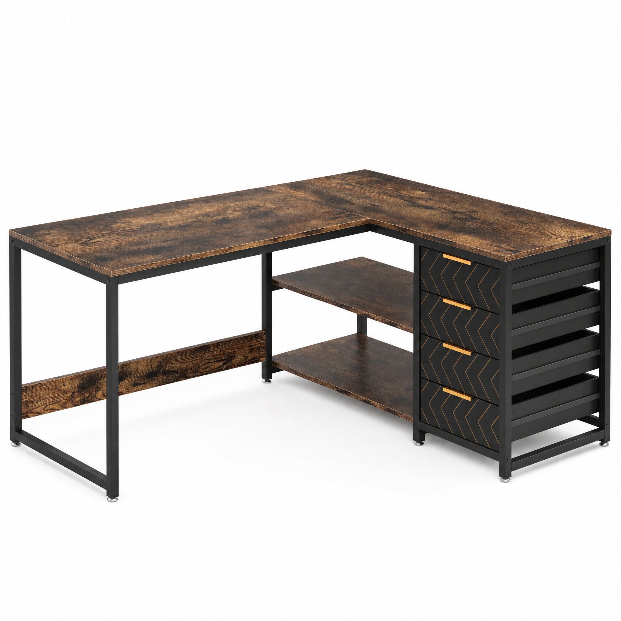 Rustic Wood L-Shaped Desk with Storage Drawers and Shelves for Home Office — 59in Reversible Corner Desk