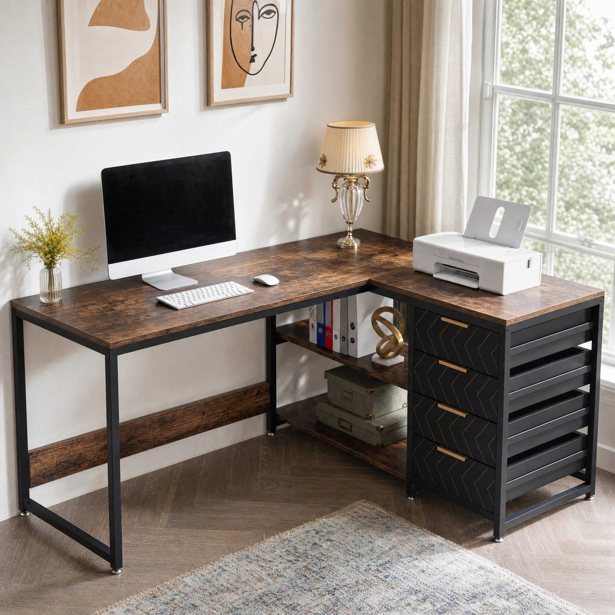 Rustic Wood L-Shaped Desk with Storage Drawers and Shelves for Home Office — 59in Reversible Corner Desk