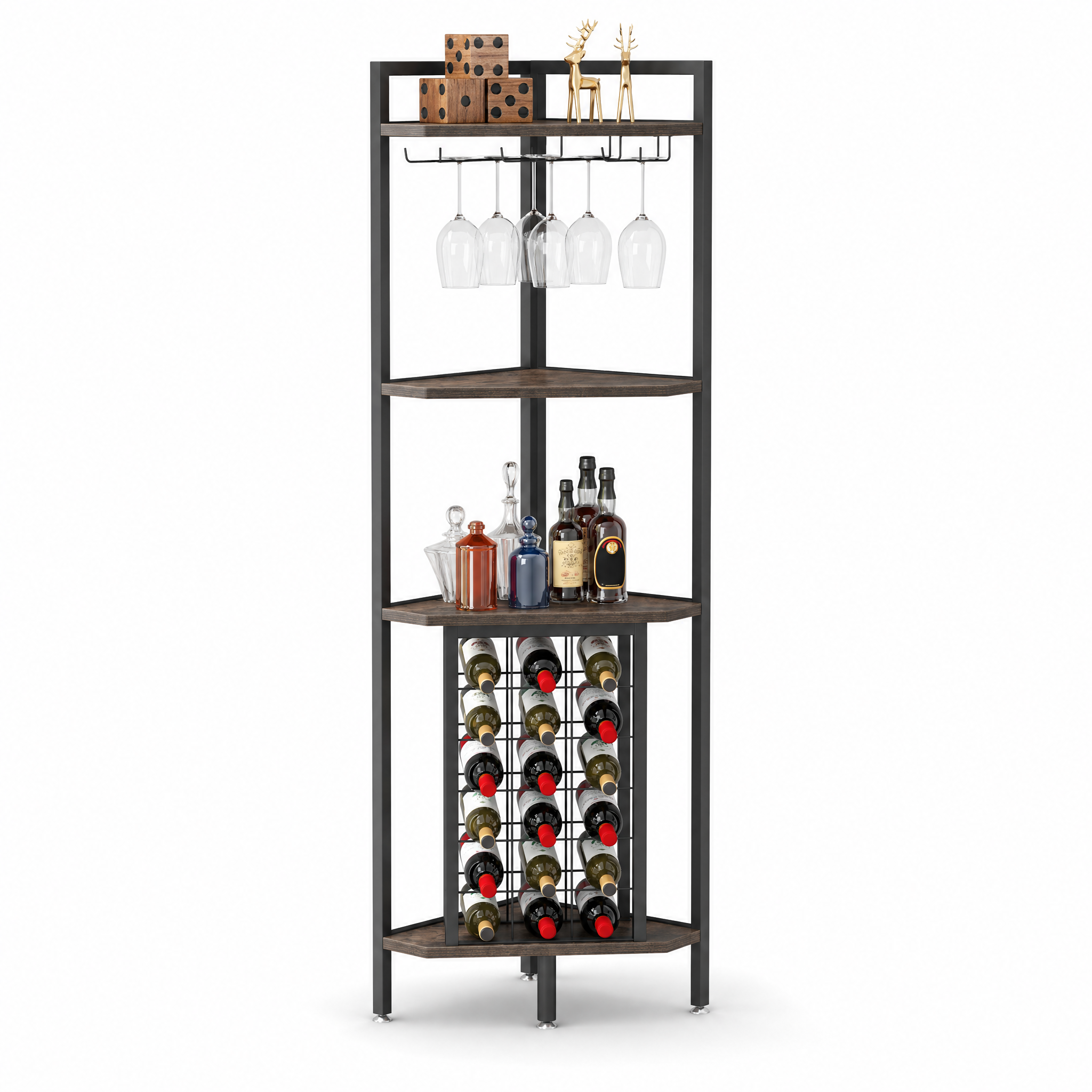 Rustic Corner Wine Rack Bar Cabinet with Glass Holder for Living Room — 63" Tall, 4-Tier
