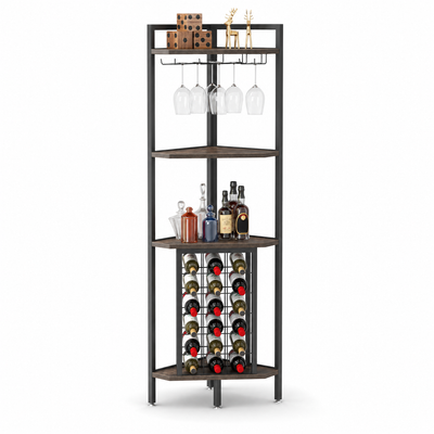 Rustic Corner Wine Rack Bar Cabinet with Glass Holder for Living Room — 63" Tall, 4-Tier