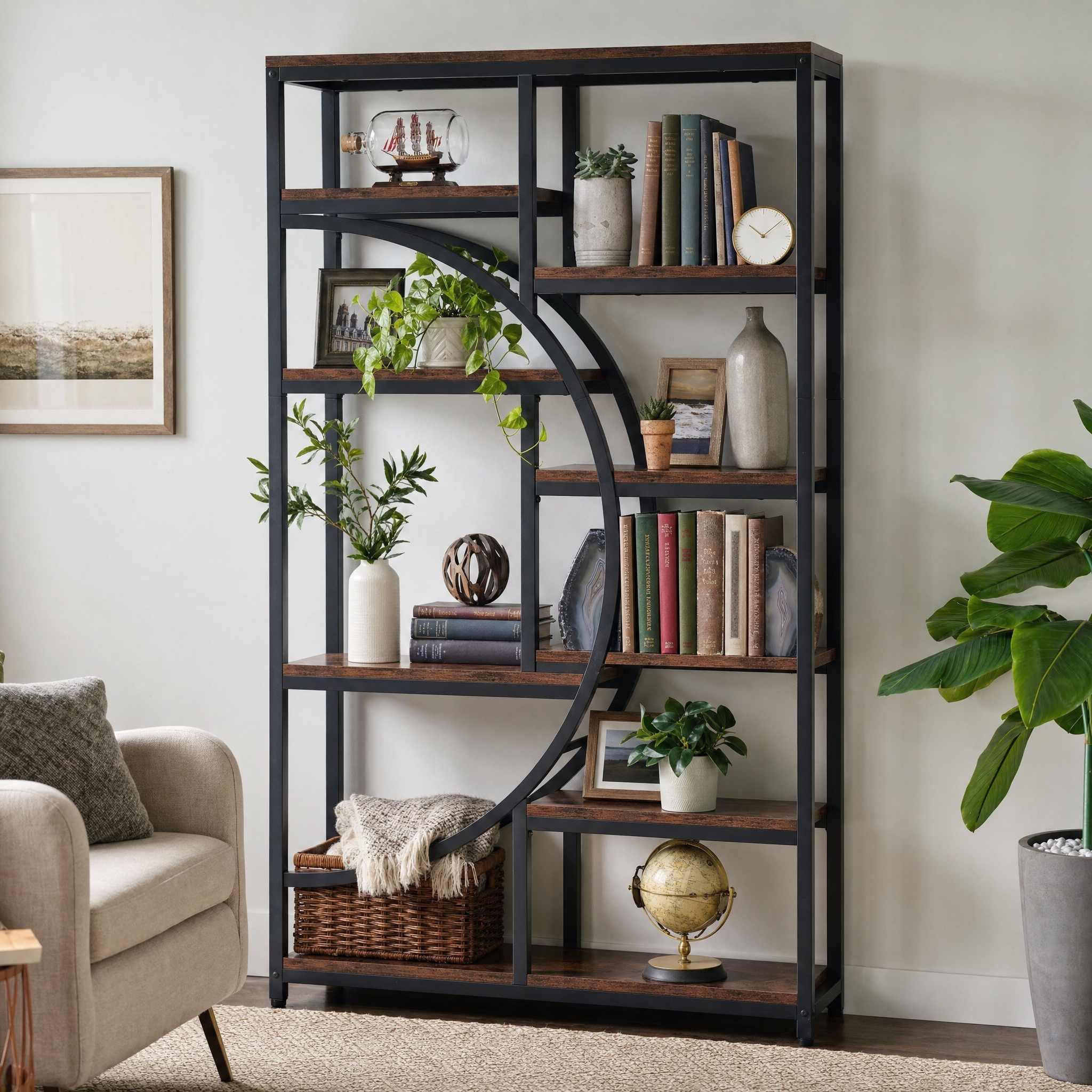 Industrial Etagere Bookcase with Curved Arc for Living Room — 71" Tall Freestanding