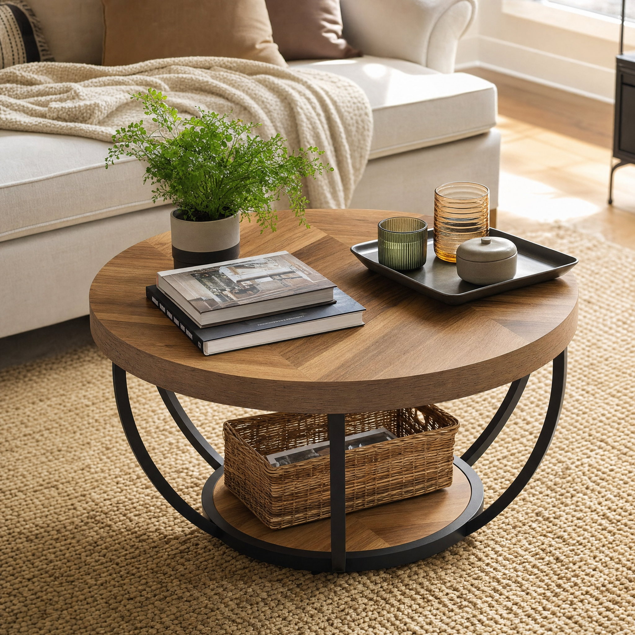 Round Industrial Coffee Table with Storage Shelf for Living Room — 31.7" Oak