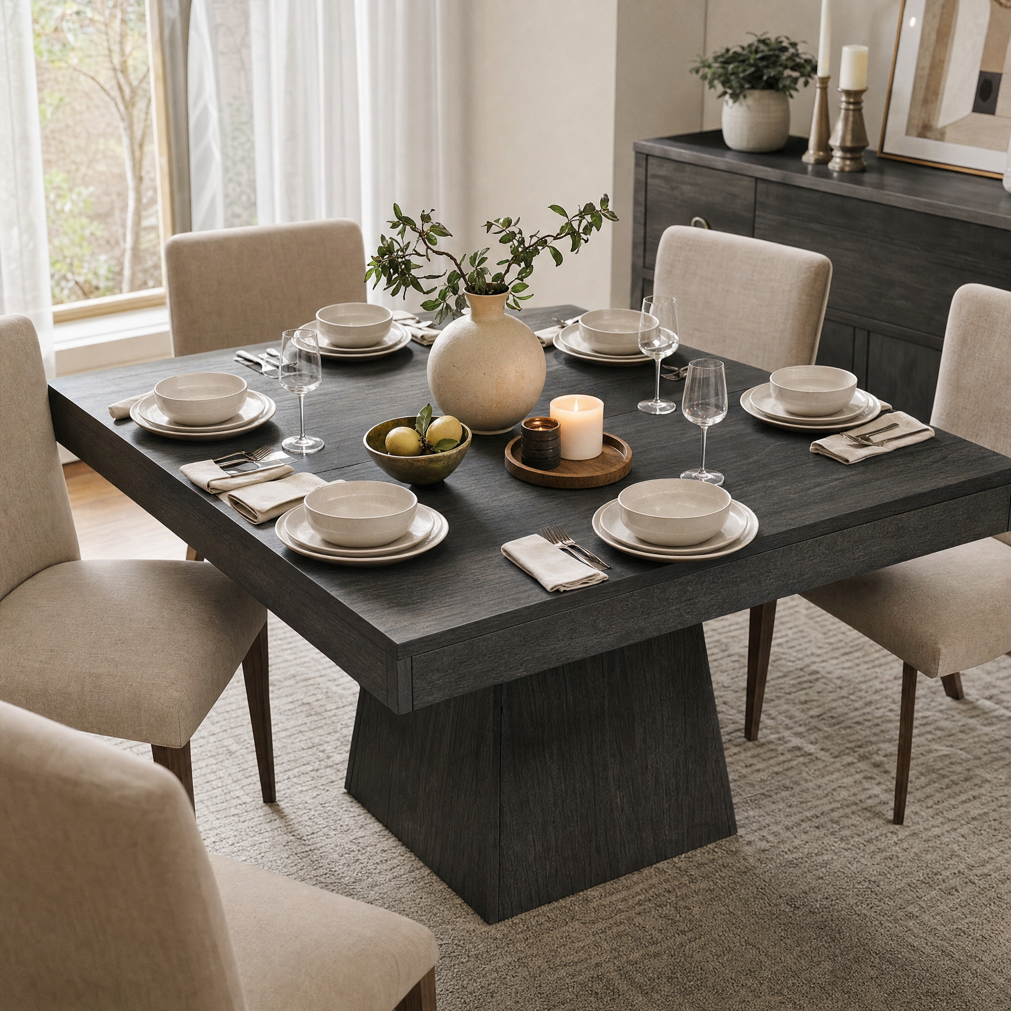 Farmhouse Square Dining Table with Pedestal Base for 4 — 31.5" Charcoal Wood