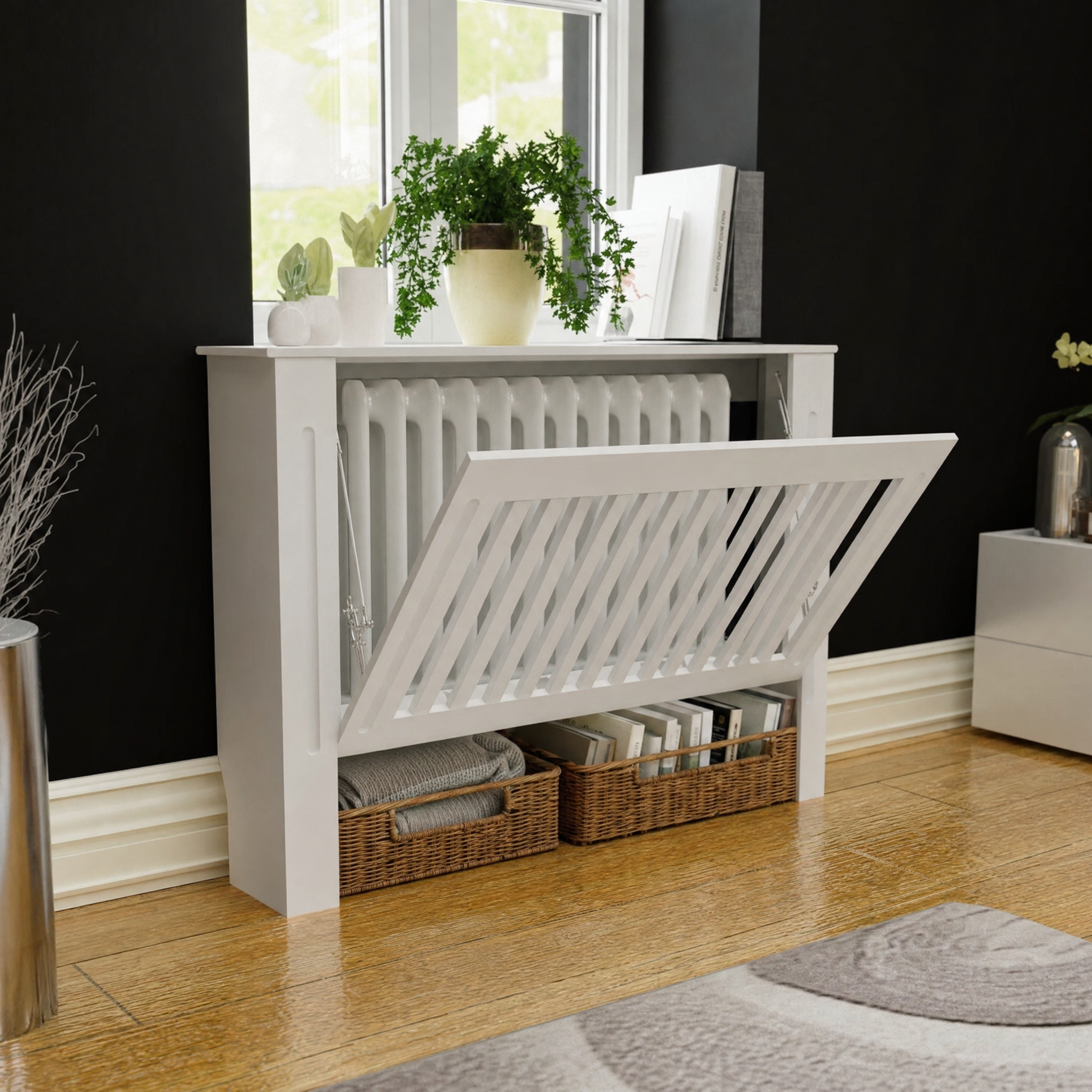 Slatted White Radiator Cover Cabinet with Display Shelf for Living Room — Medium 44"