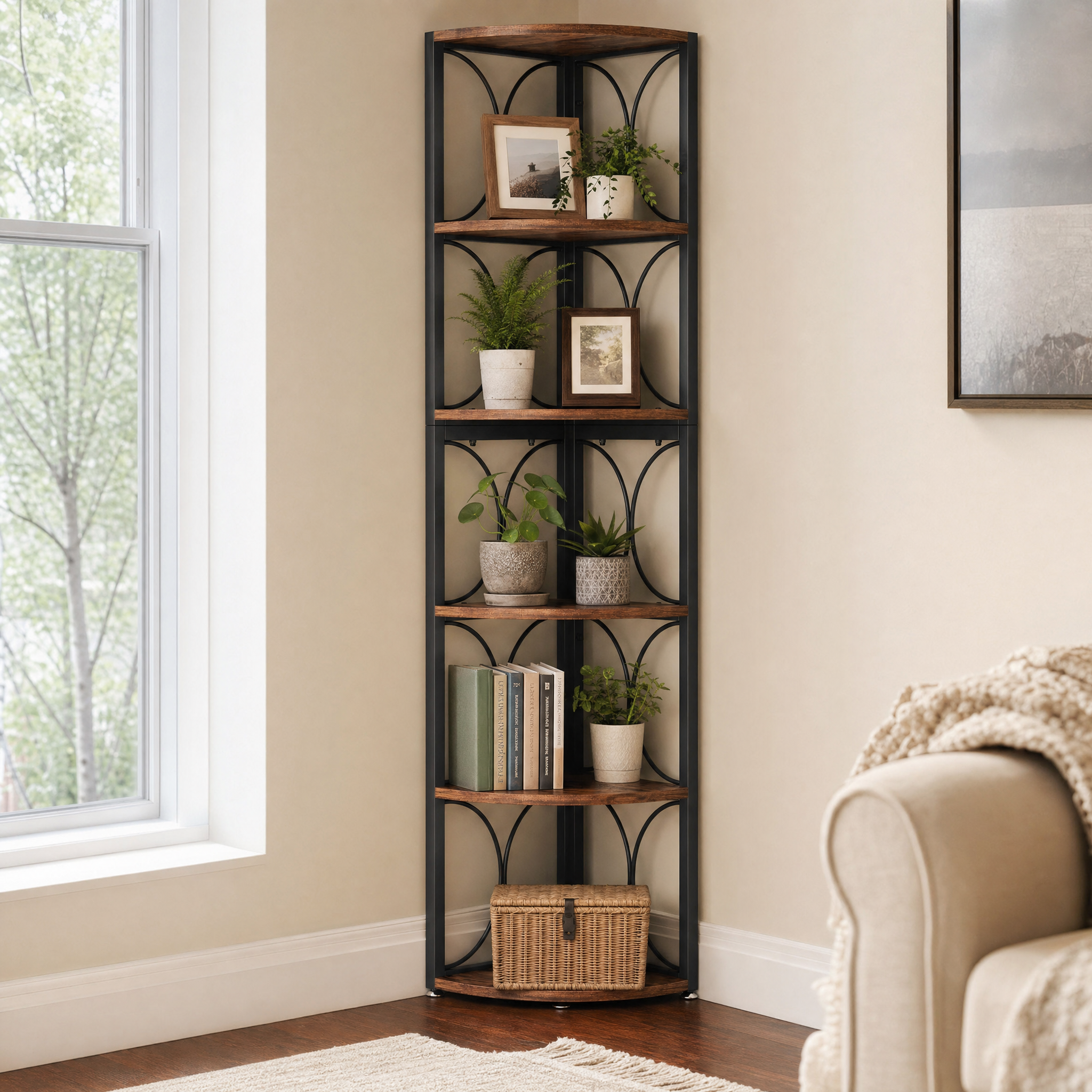 Rustic Corner Shelf with 6 Open Tiers for Living Room — 67in Tall