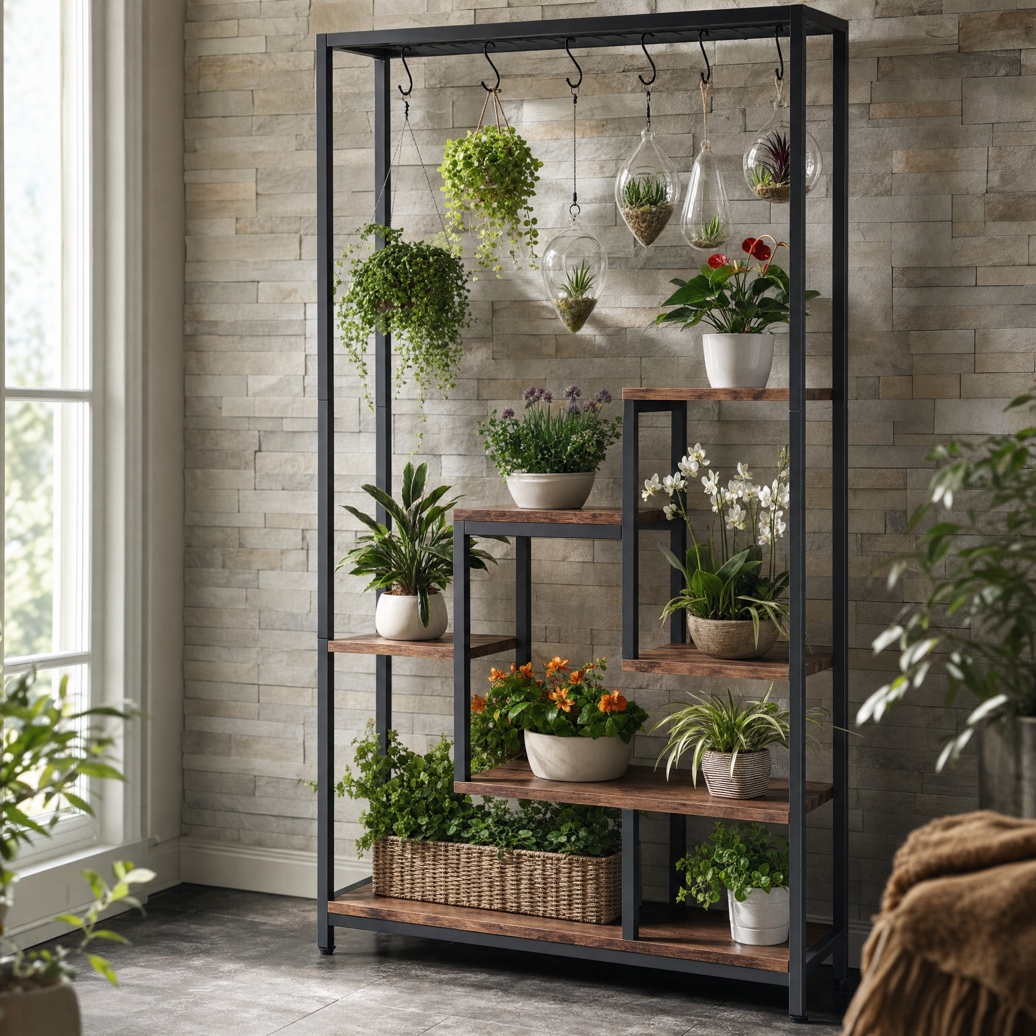 Industrial Metal Plant Stand with Hanging Hooks for Living Room — 5-Tier, 70.9in Tall