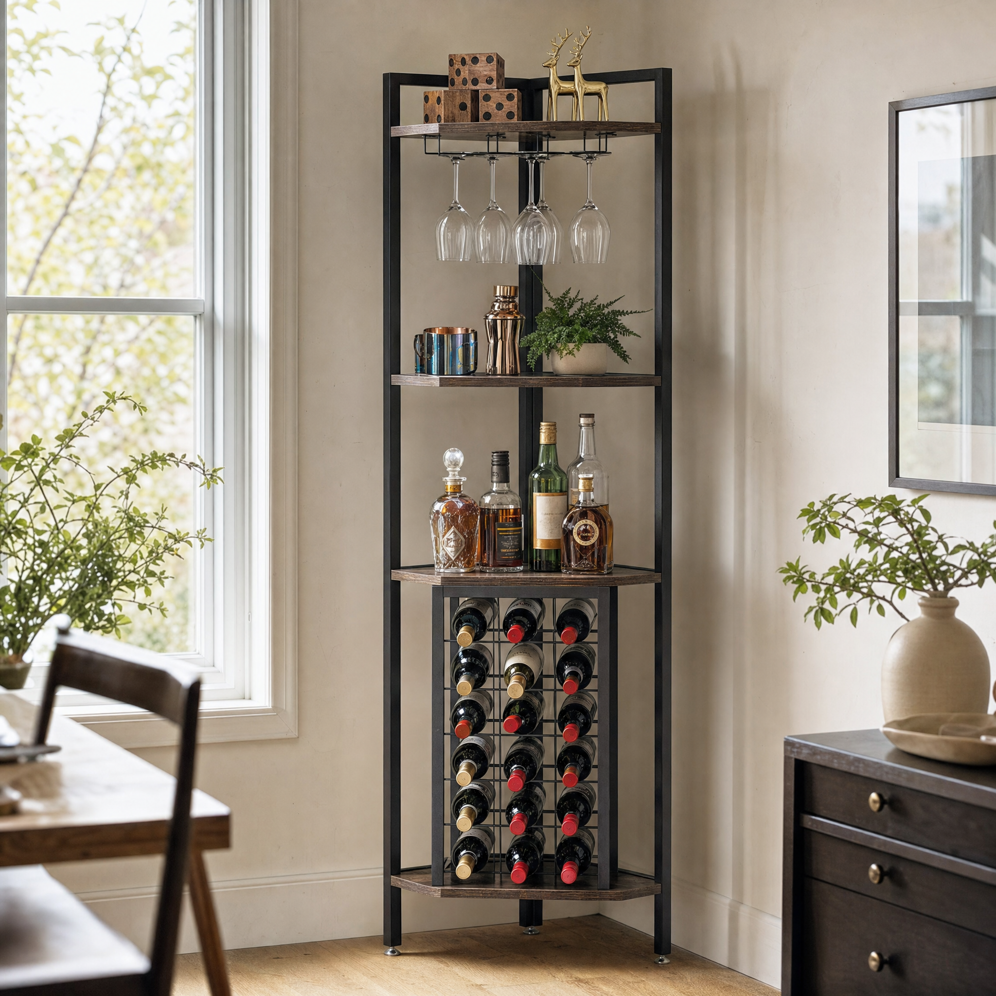 Rustic Corner Wine Rack Bar Cabinet with Glass Holder for Living Room — 63" Tall, 4-Tier