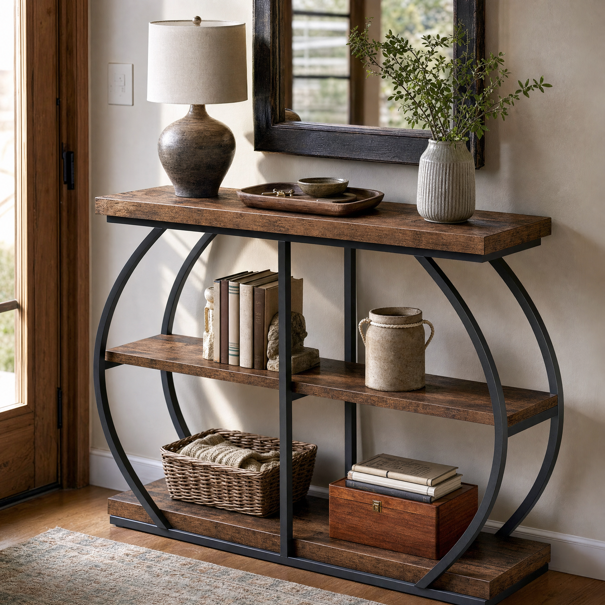 Rustic Industrial Console Table with Arched Metal Frame and 3 Storage Shelves for Entryway — 41 in