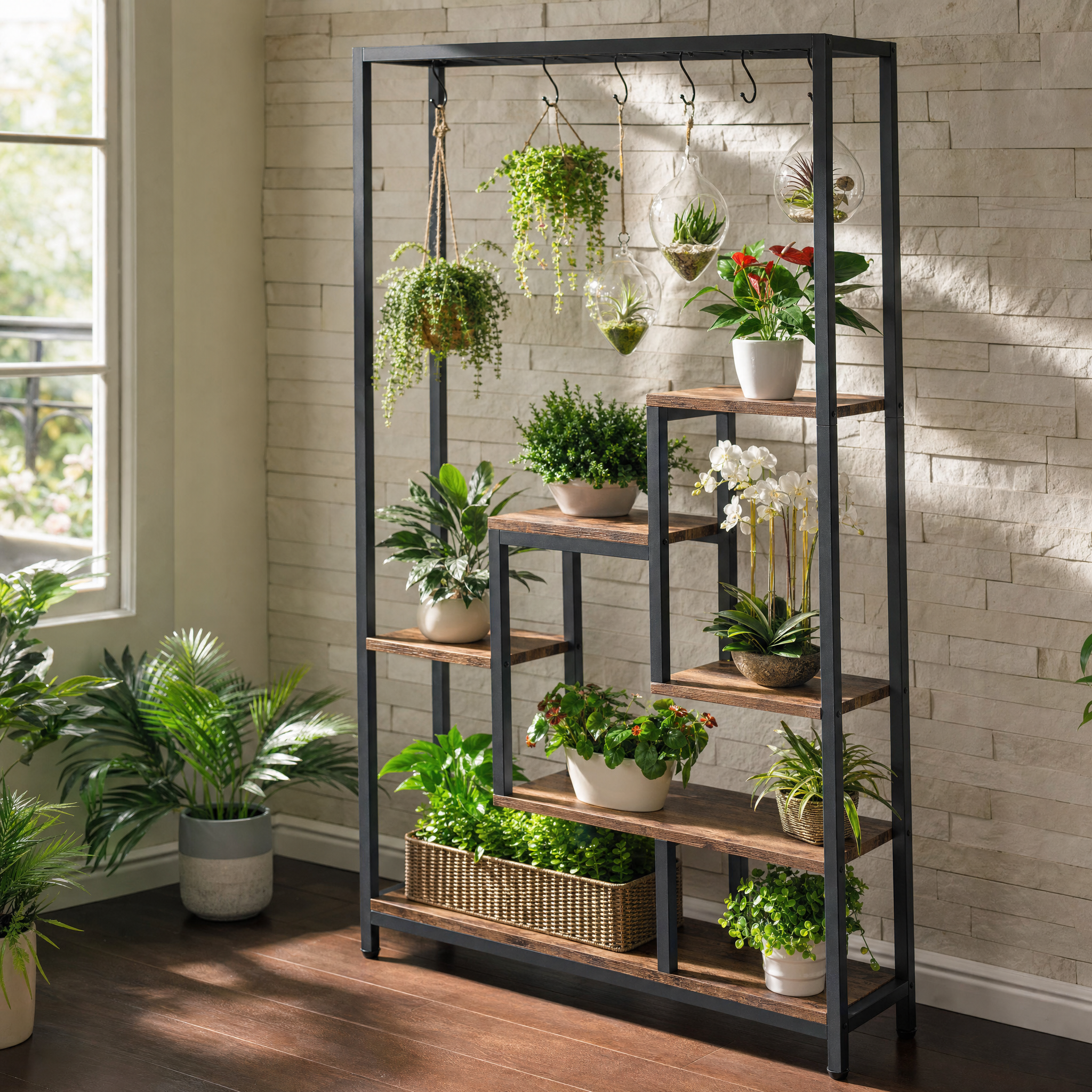 Industrial Metal Plant Stand with Hanging Hooks for Living Room — 5-Tier, 70.9in Tall