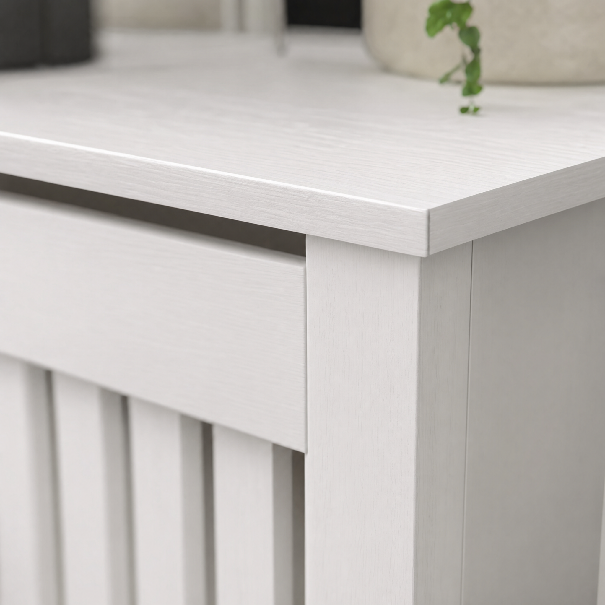 Slatted White Radiator Cover Cabinet with Display Shelf for Living Room — Medium 44"