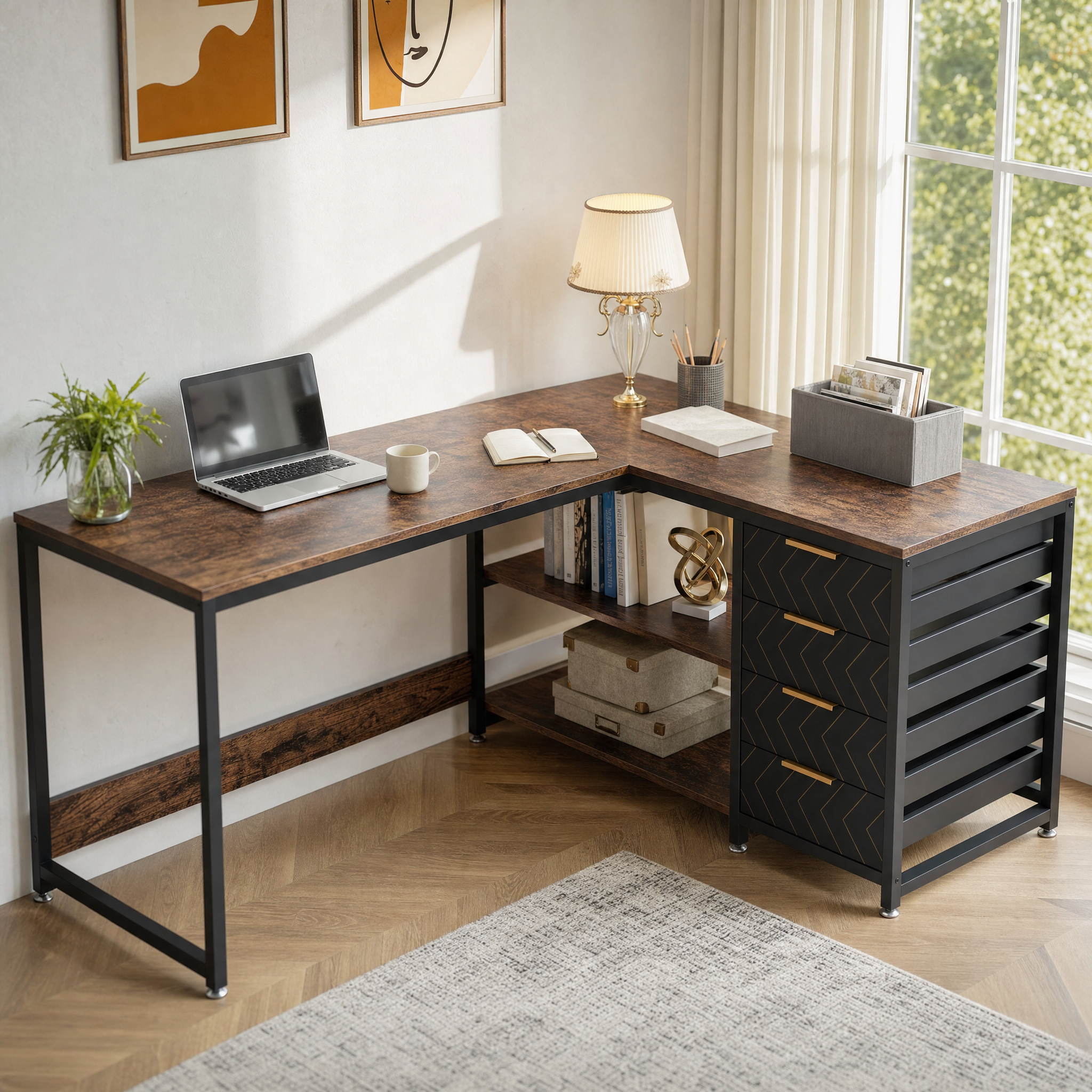 Rustic Wood L-Shaped Desk with Storage Drawers and Shelves for Home Office — 59in Reversible Corner Desk