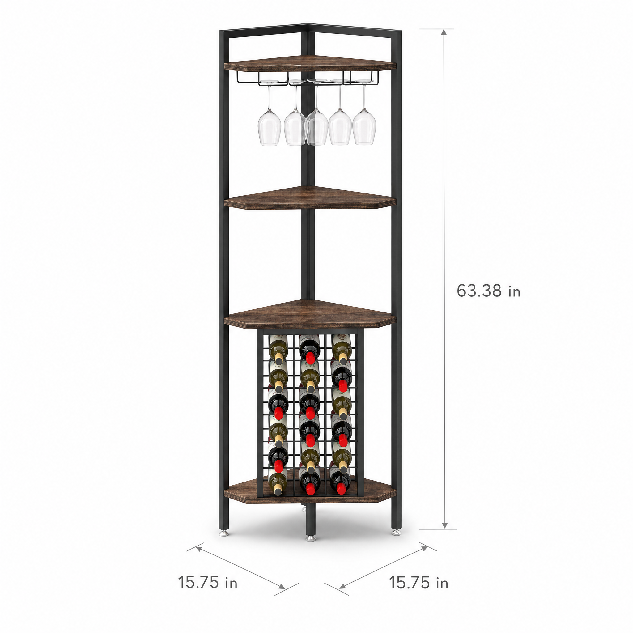 Rustic Corner Wine Rack Bar Cabinet with Glass Holder for Living Room — 63" Tall, 4-Tier