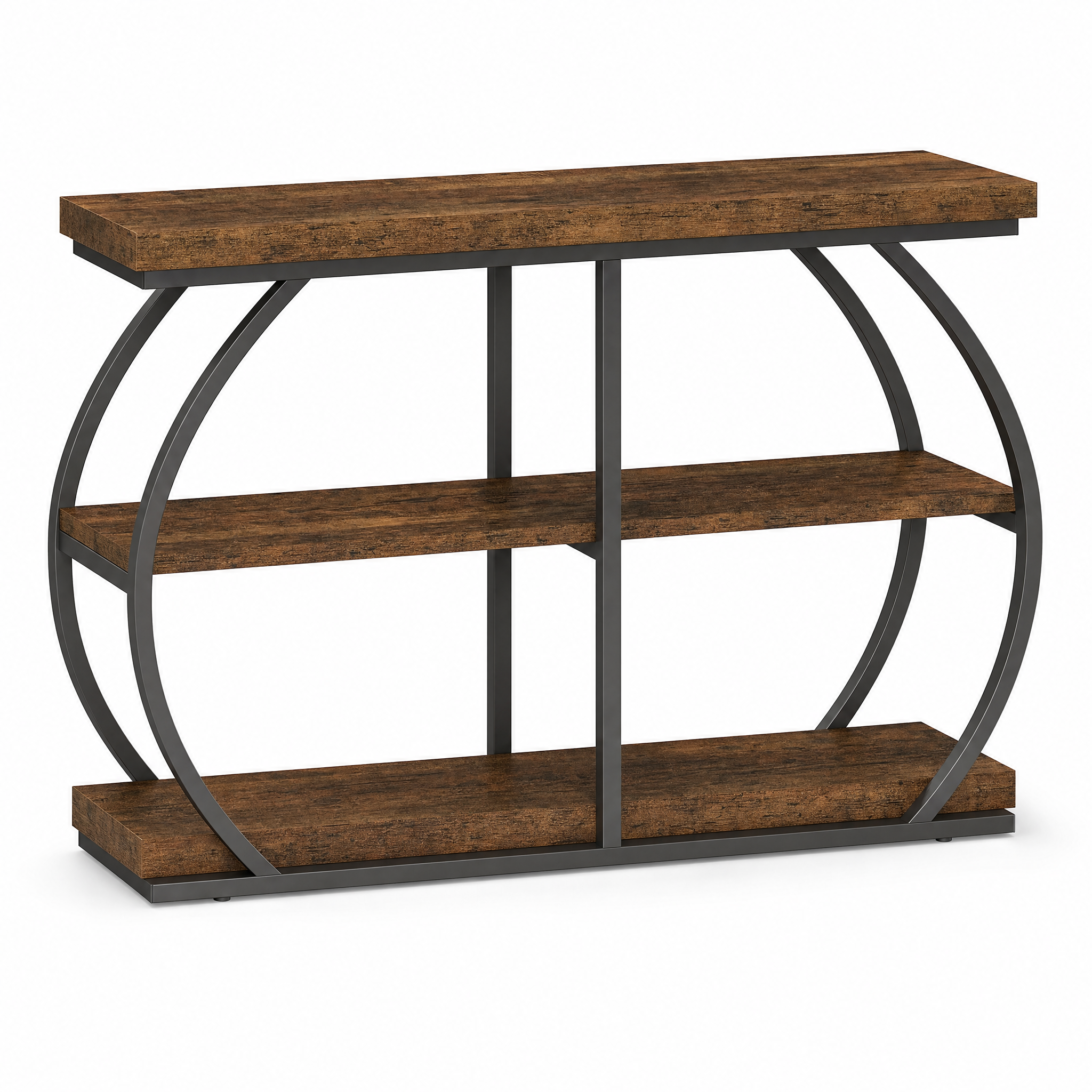 Rustic Industrial Console Table with Arched Metal Frame and 3 Storage Shelves for Entryway — 41 in