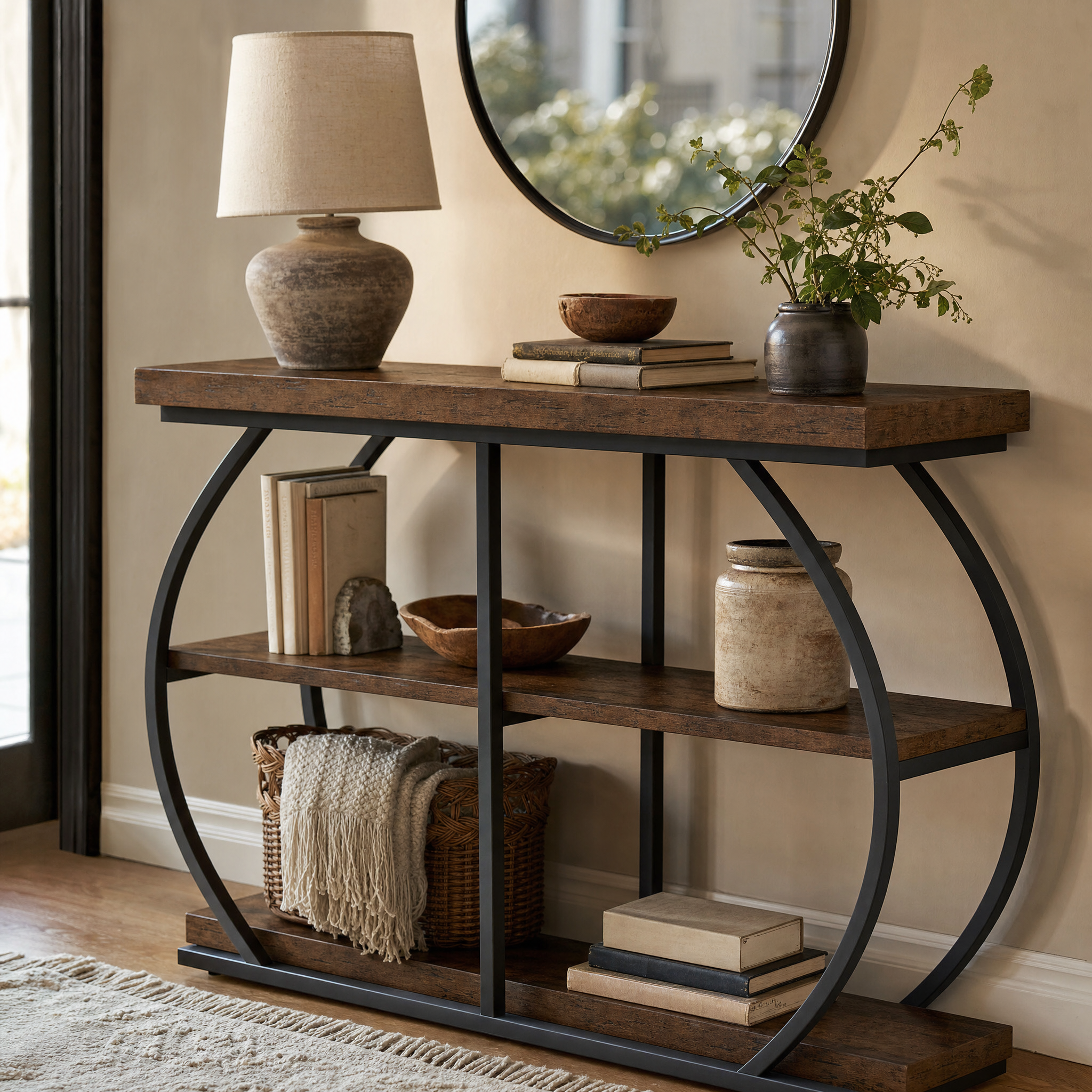 Rustic Industrial Console Table with Arched Metal Frame and 3 Storage Shelves for Entryway — 41 in