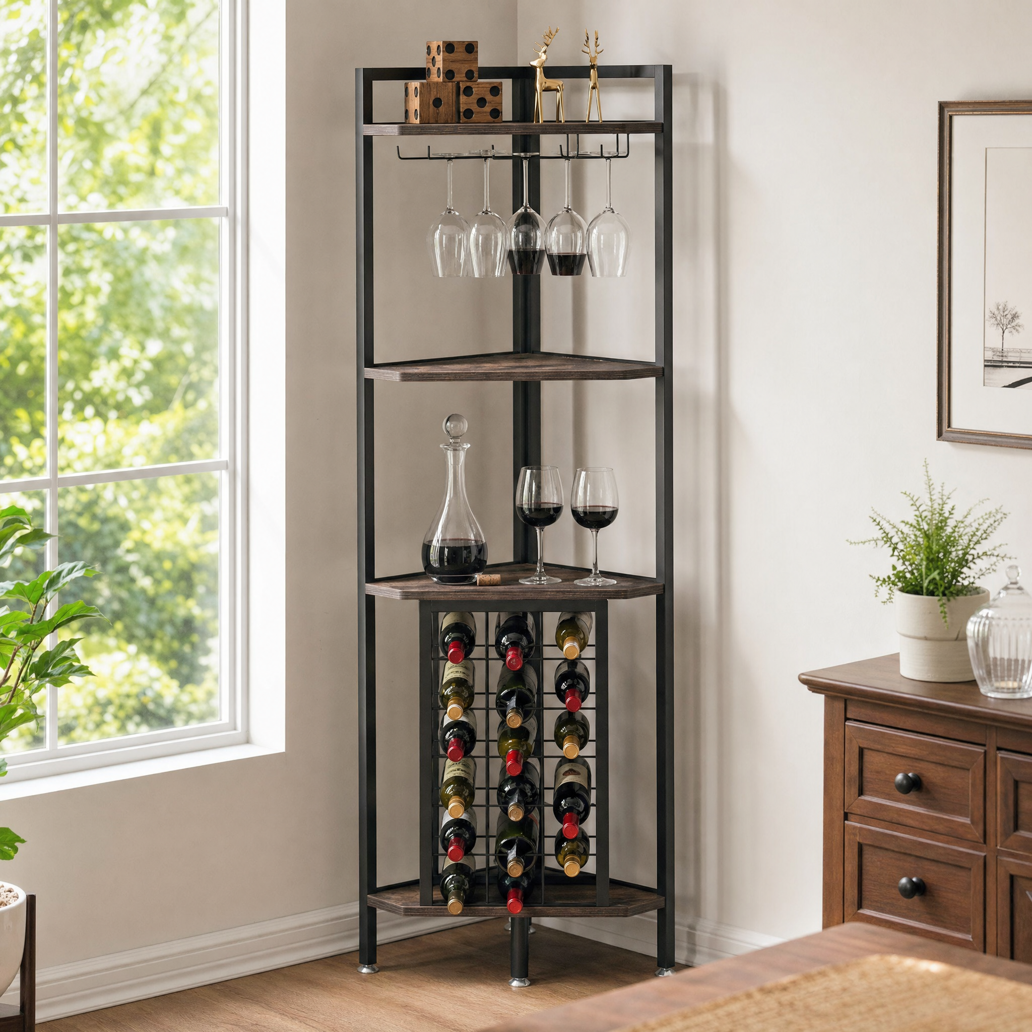 Rustic Corner Wine Rack Bar Cabinet with Glass Holder for Living Room — 63" Tall, 4-Tier