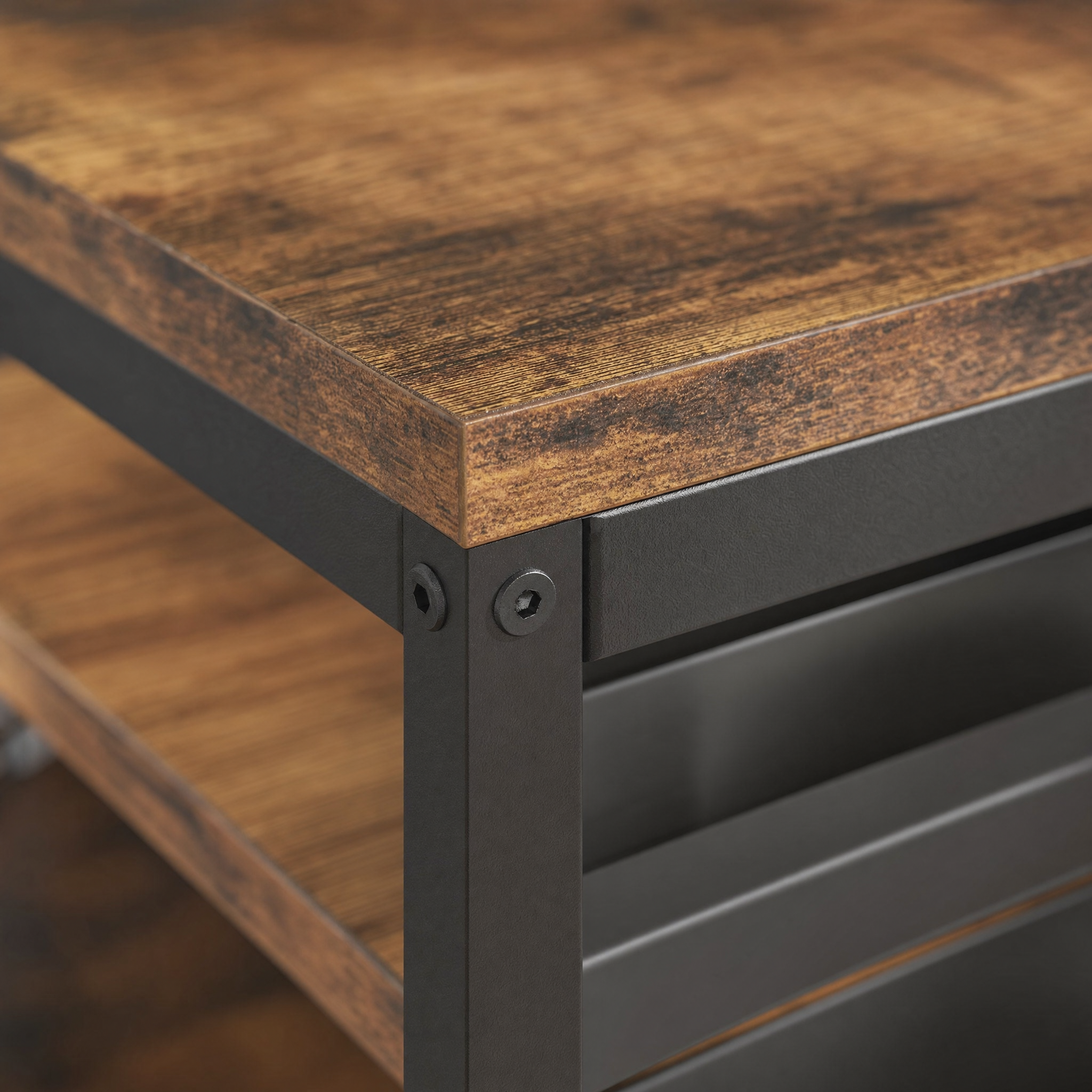 Rustic Wood L-Shaped Desk with Storage Drawers and Shelves for Home Office — 59in Reversible Corner Desk